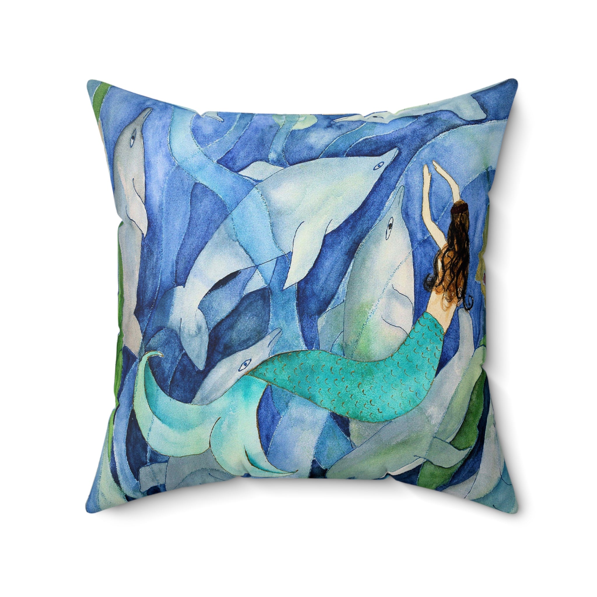 Mermaid & Dolphins Watercolor Throw Pillow — Ocean Blue Decorative Cushion