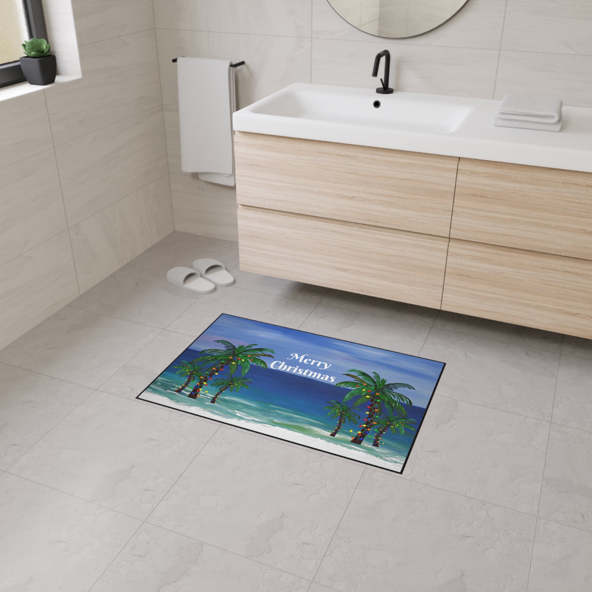 Merry Christmas Beach Floor Mat — Tropical Palm Trees Holiday Doormat