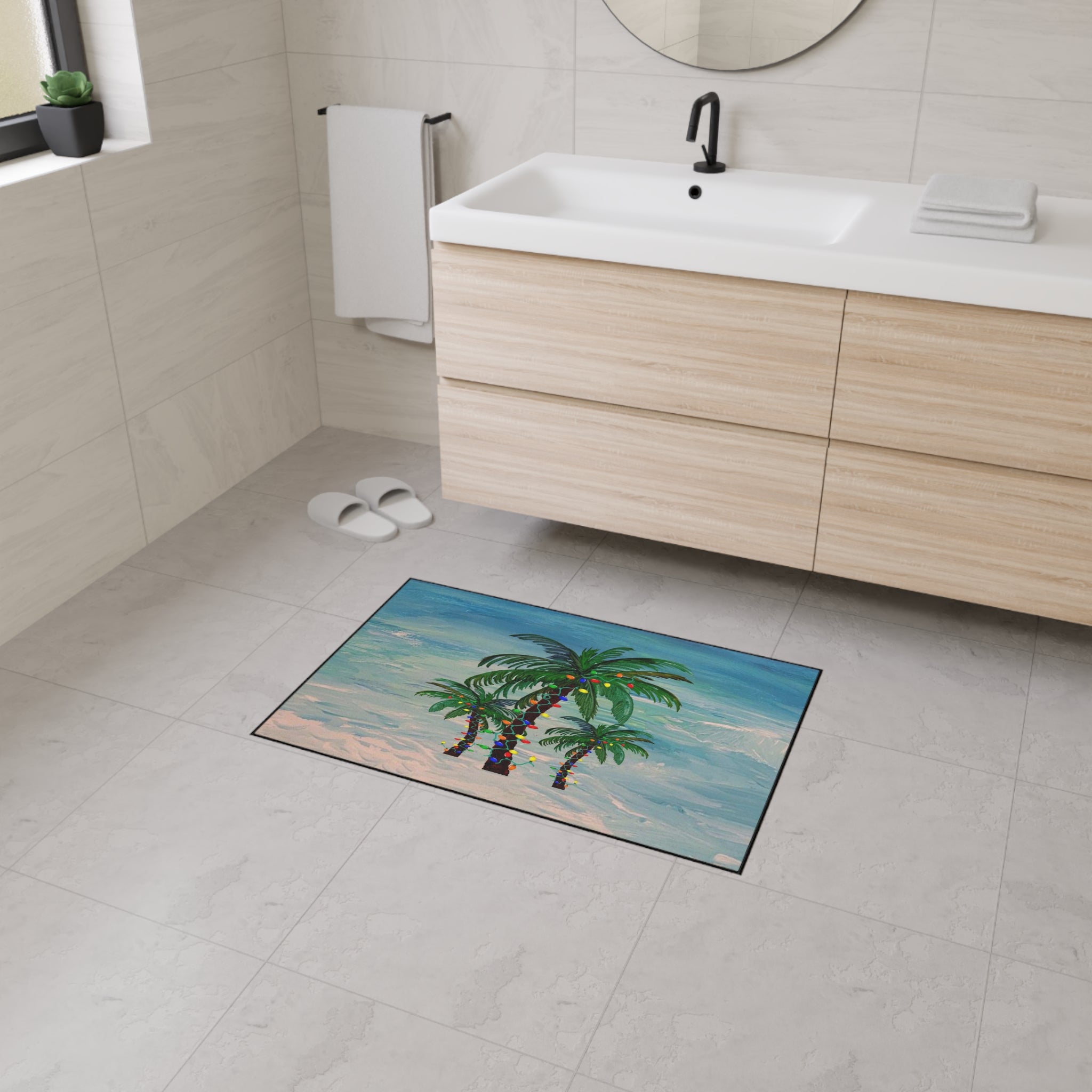 Tropical Palm Floor Mat — Palm Trees with String Lights Beach Doormat