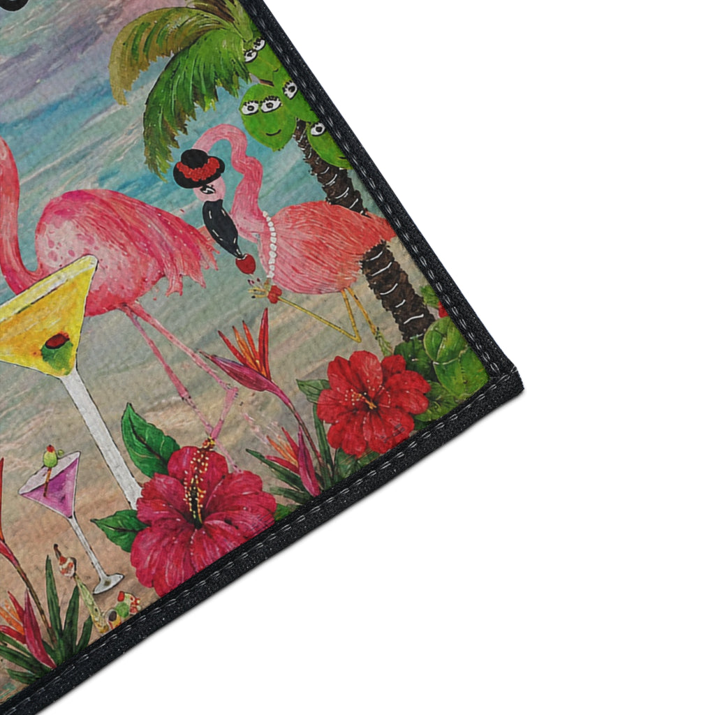 Tropical Flamingo Welcome Mat — "At '4' We Pour!" Cocktail Beach Door Mat