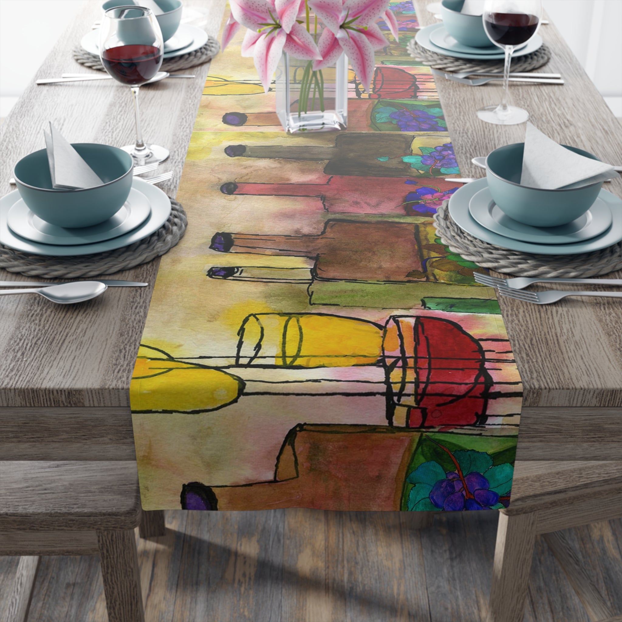 Wine Bottles & Vases Table Runner — Watercolor Rustic Farmhouse Decor