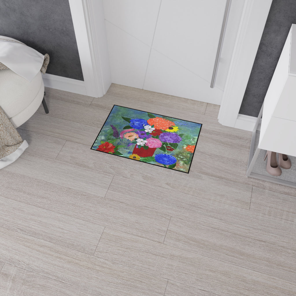 Floral Bouquet Heavy-Duty Floor Mat — Colorful Painted Flowers Entrance Rug