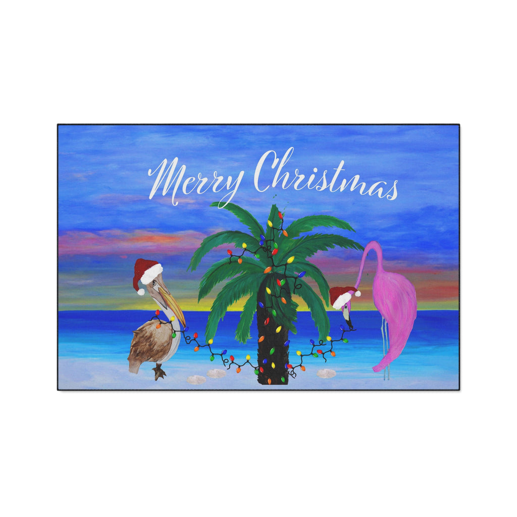 Christmas Beach Floor Mat – 'Merry Christmas' Palm Tree with Pelican & Flamingo Holiday Doormat