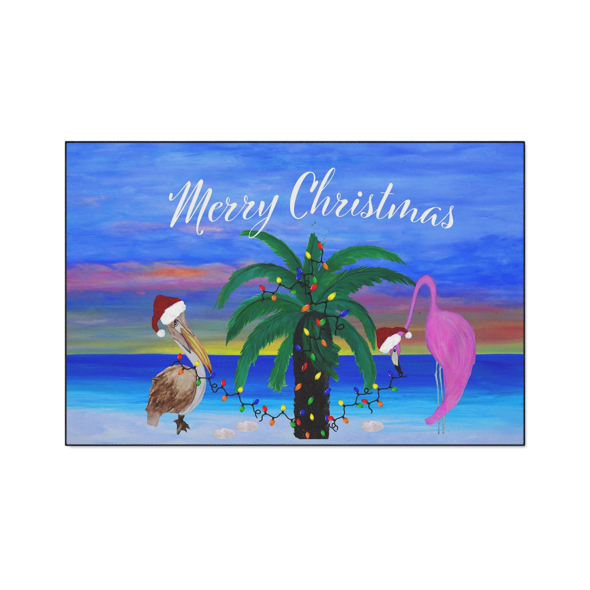 Christmas Beach Floor Mat – 'Merry Christmas' Palm Tree with Pelican & Flamingo Holiday Doormat
