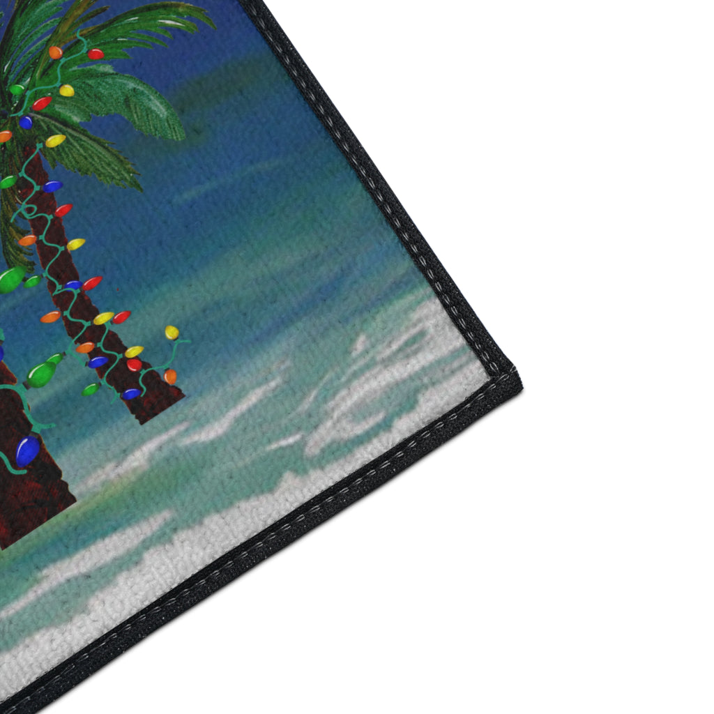 Merry Christmas Beach Floor Mat — Tropical Palm Trees Holiday Doormat
