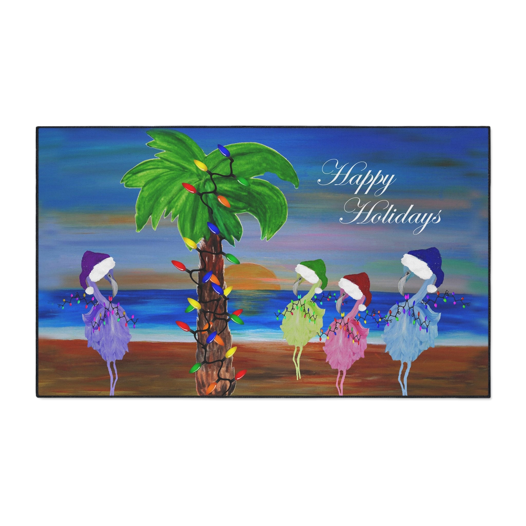 Holiday Beach Floor Mat — "Happy Holidays" Palm Tree & Carolers Doormat