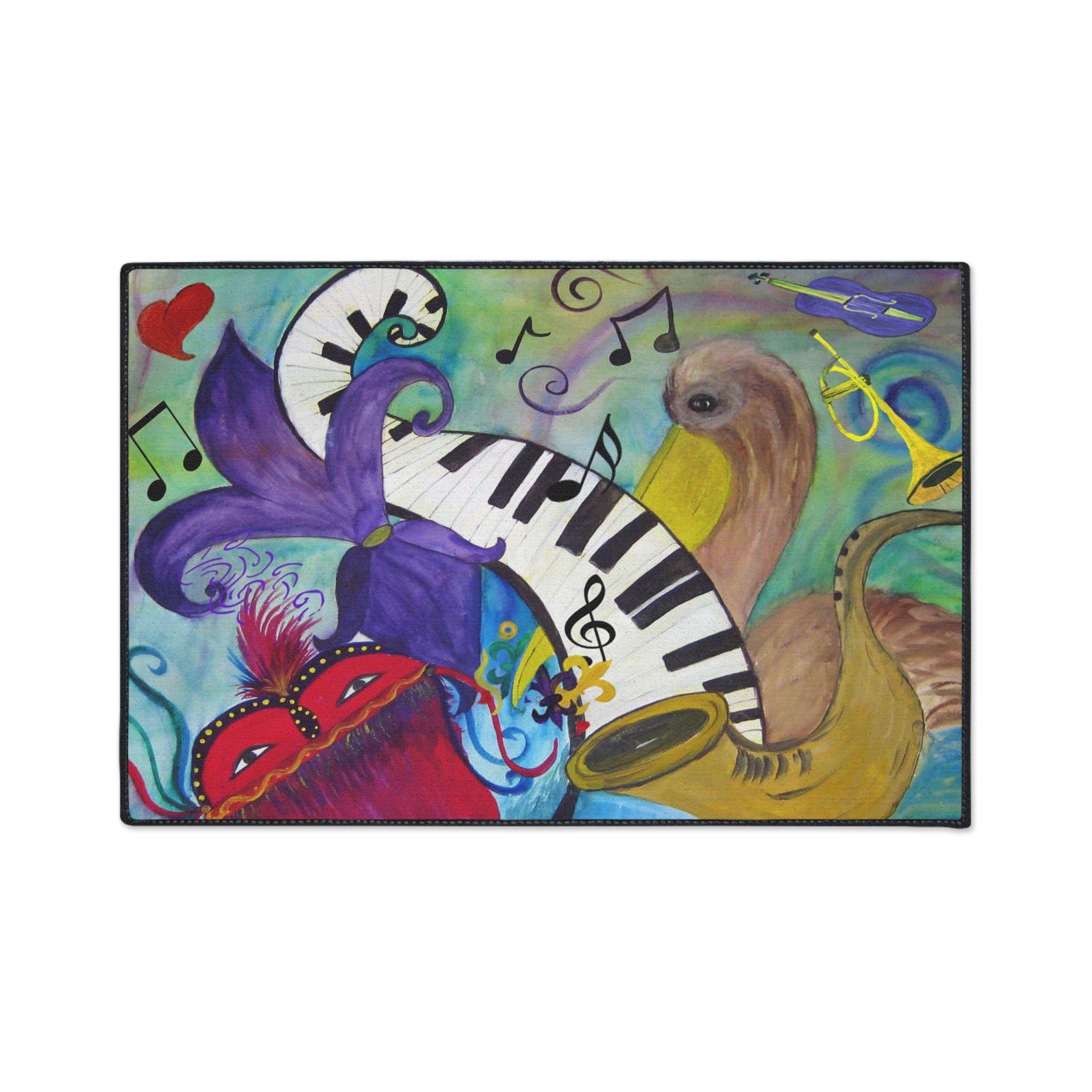 Mardi Gras Jazz Floor Mat — Colorful Musical Mask & Saxophone Doormat