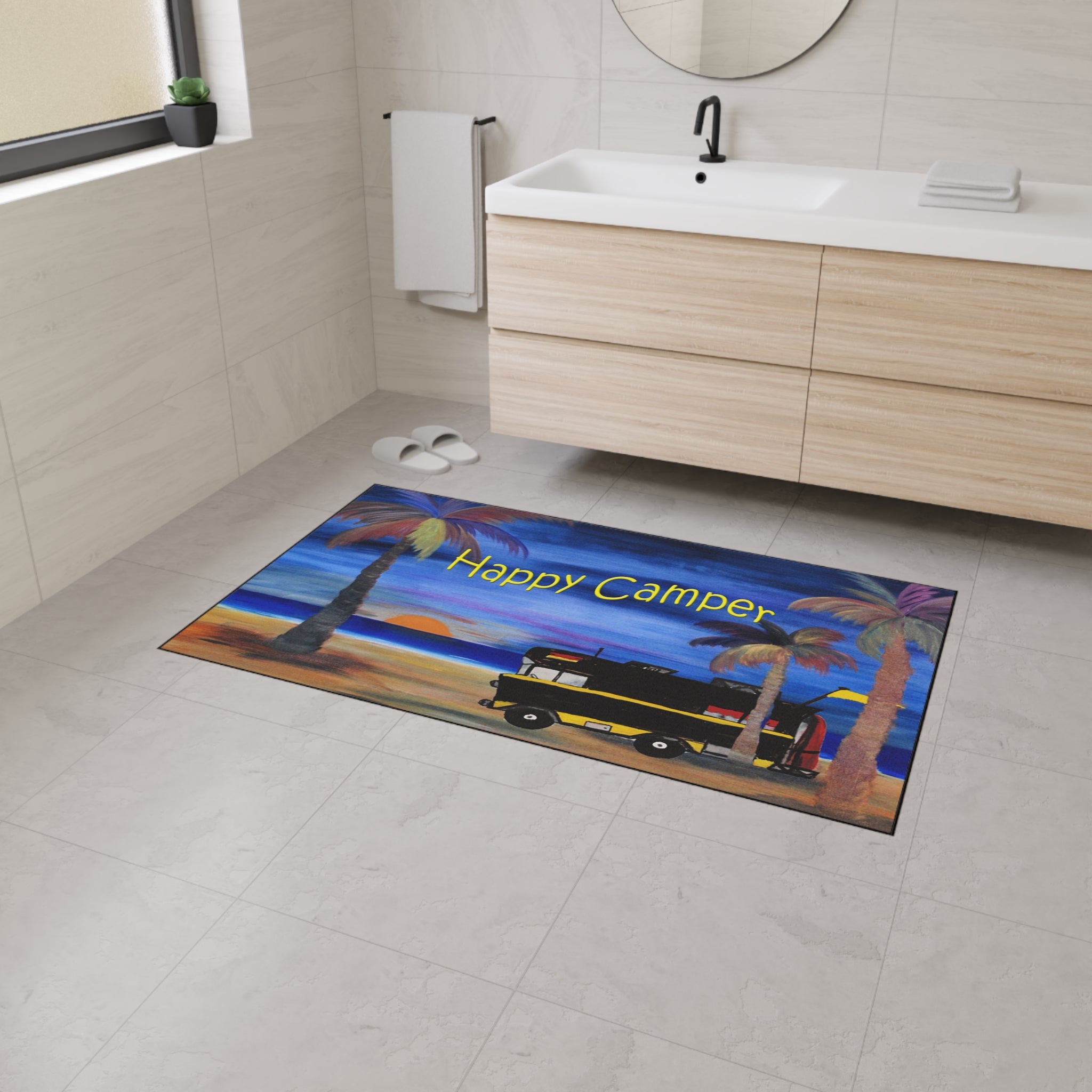 Happy Camper Floor Mat — Heavy-Duty Outdoor/Entry Rug for RV & Beach Lovers