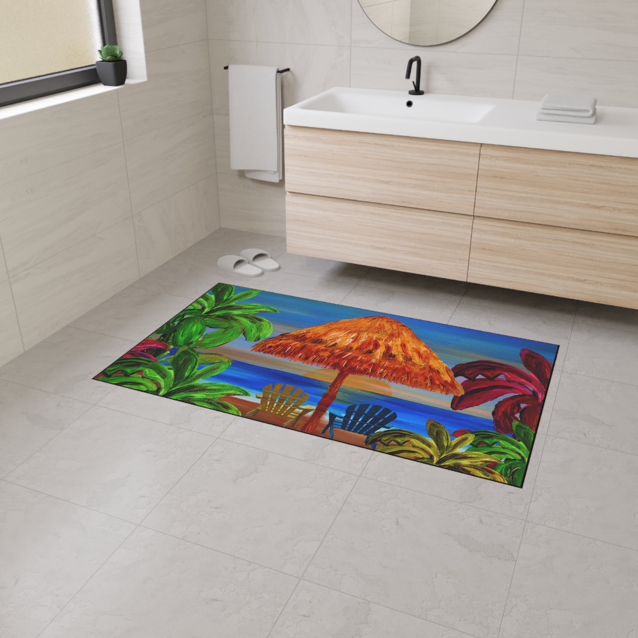 Tropical Beach Floor Mat — Sunset Palapa & Adirondack Chairs Heavy-Duty Door Rug
