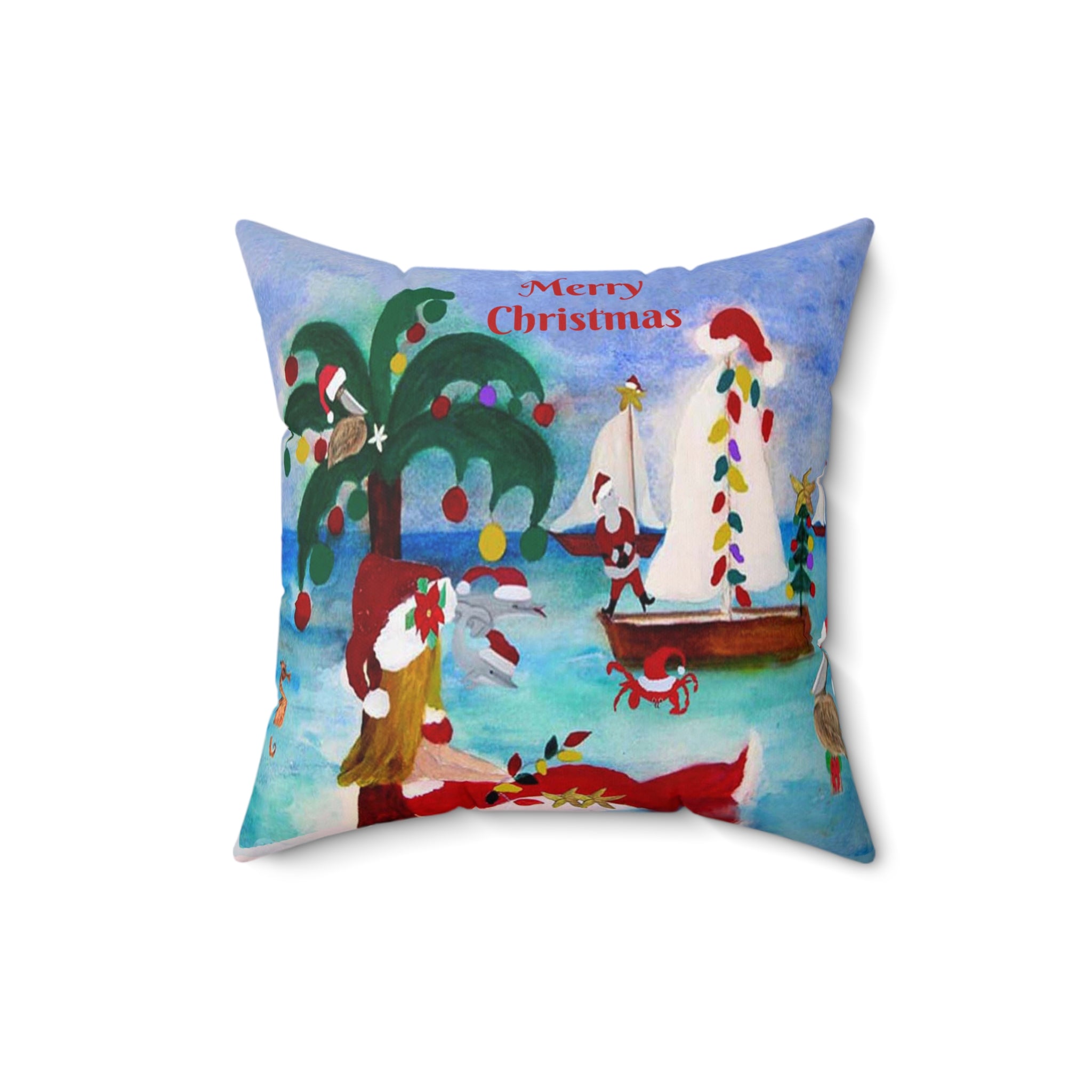 Christmas Coastal Pillow — 'Merry Christmas' Sailboat & Palm Tree Holiday Throw Pillow