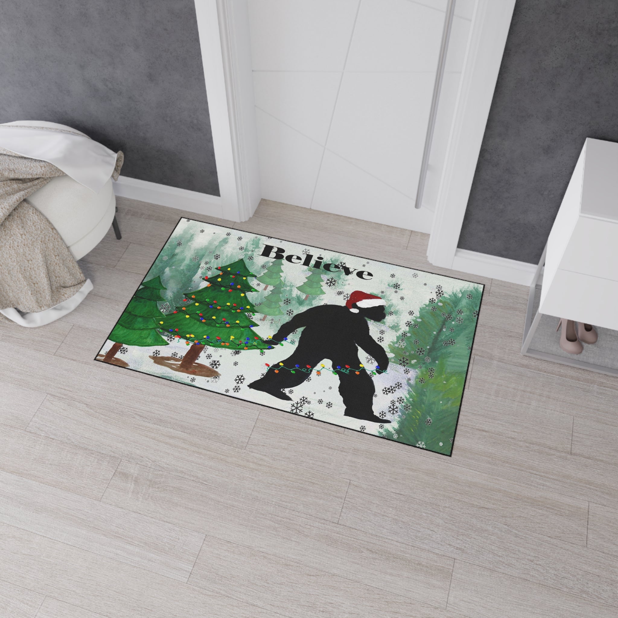 Believe Bigfoot Sashquash Holiday Floor Mat