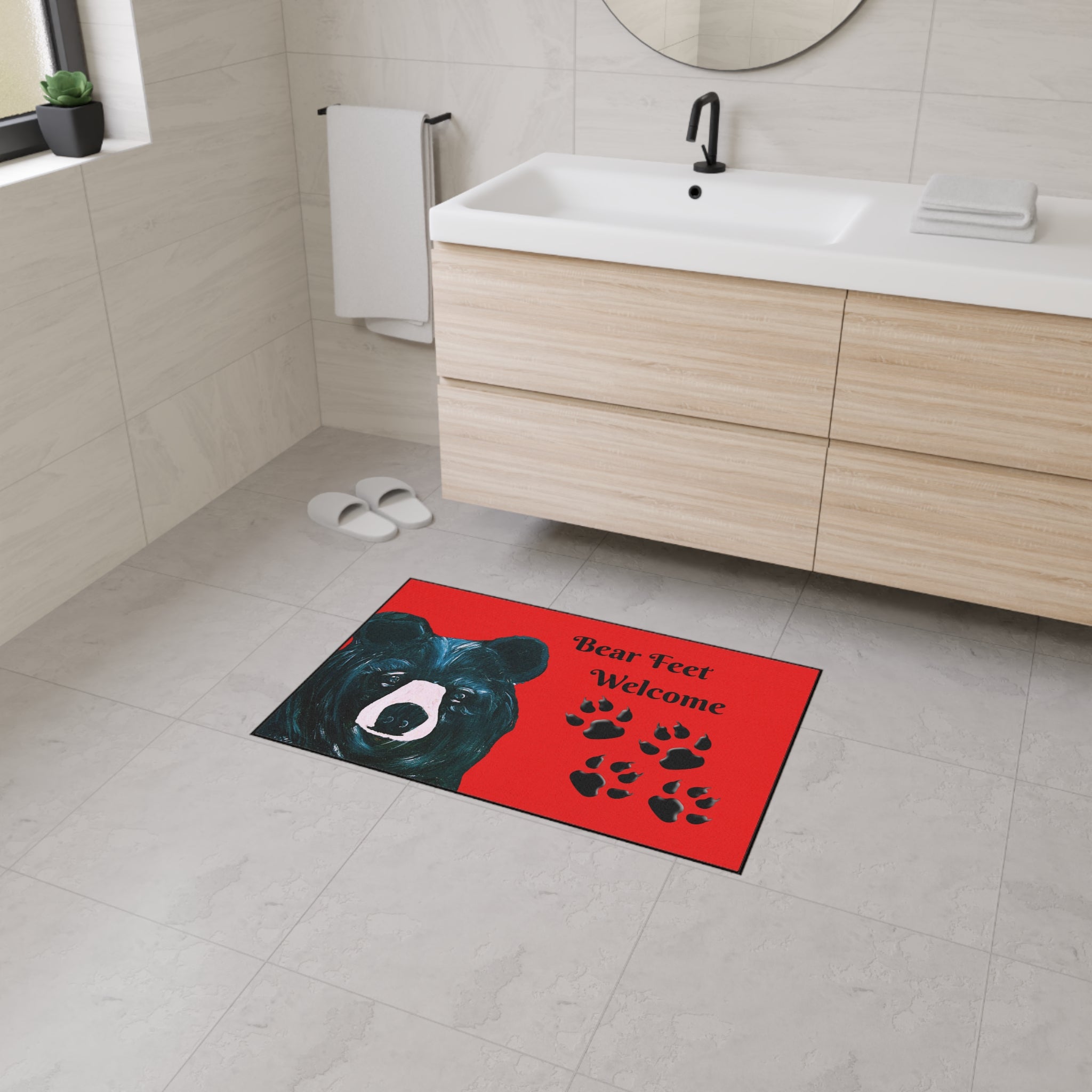 Bear Feet Welcome Heavy-Duty Floor Mat — Red Cabin Doormat with Bear Paw Prints