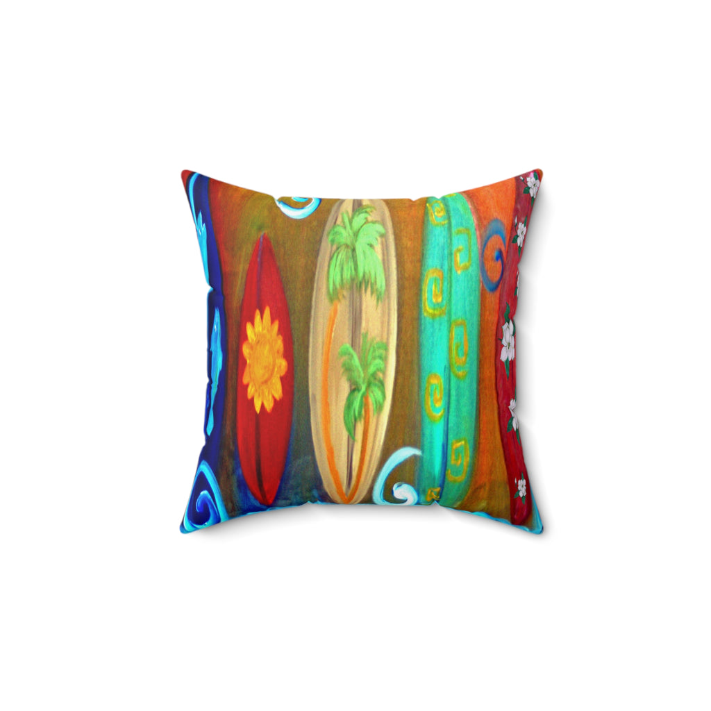 Surfboard Art Decorative Pillow — Colorful Tropical Beach Throw Pillow