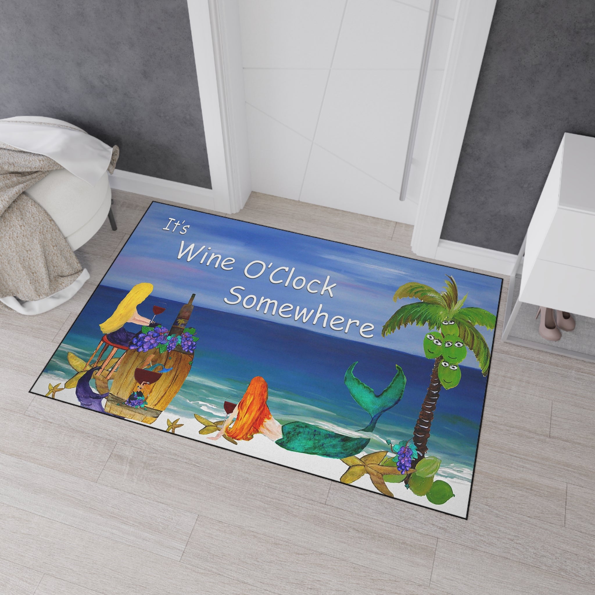 Heavy Duty Floor Mat – "It’s Wine O’Clock Somewhere" Beach Mermaid Welcome Mat