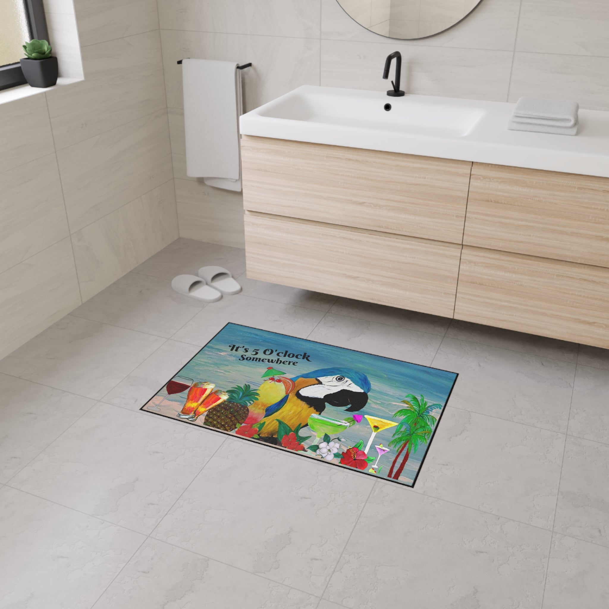 Parrot Bar Heavy Duty Floor Mat — "It's 5 O'Clock Somewhere" Tropical Parrot Drink Mat
