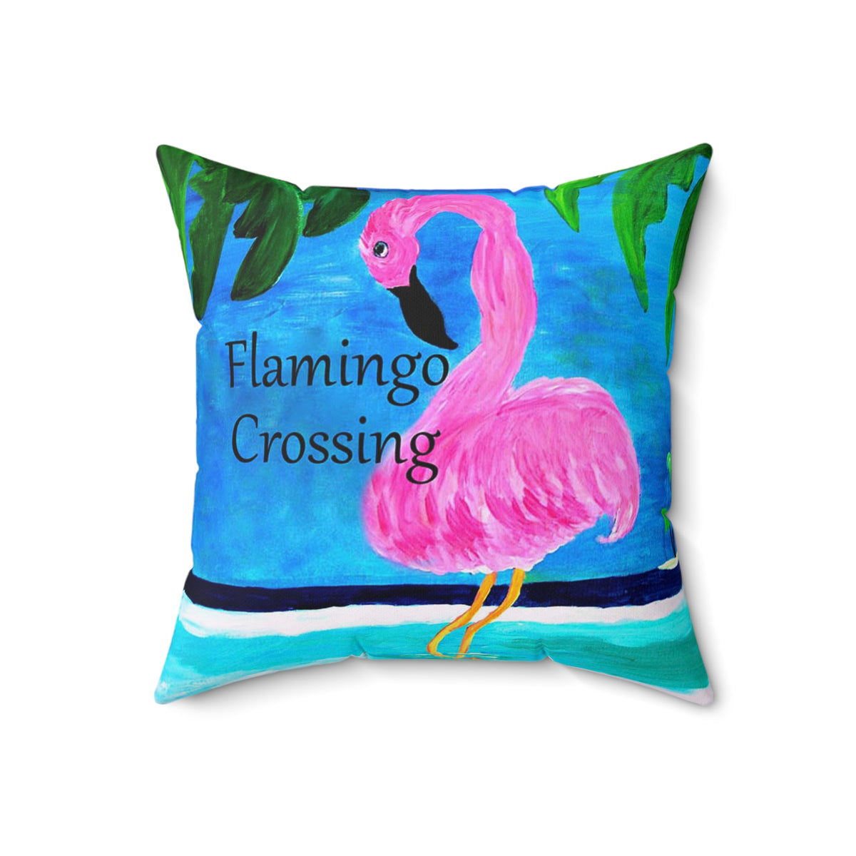 Flamingo Crossing Throw Pillow — Tropical Pink Flamingo Decorative Pillow