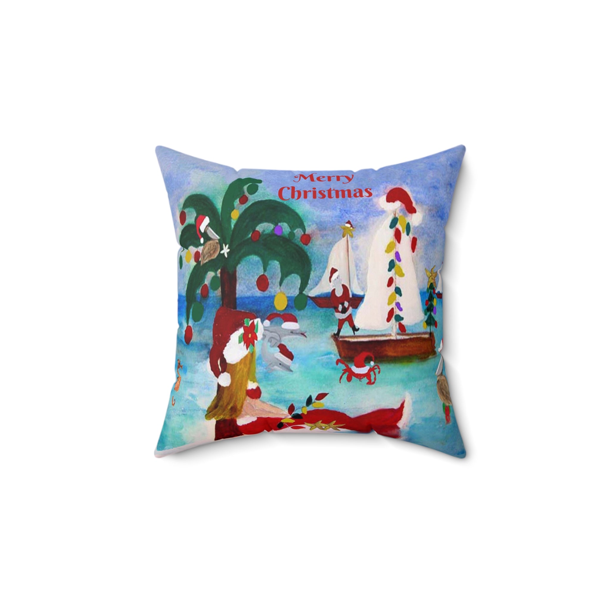 Christmas Coastal Pillow — 'Merry Christmas' Sailboat & Palm Tree Holiday Throw Pillow