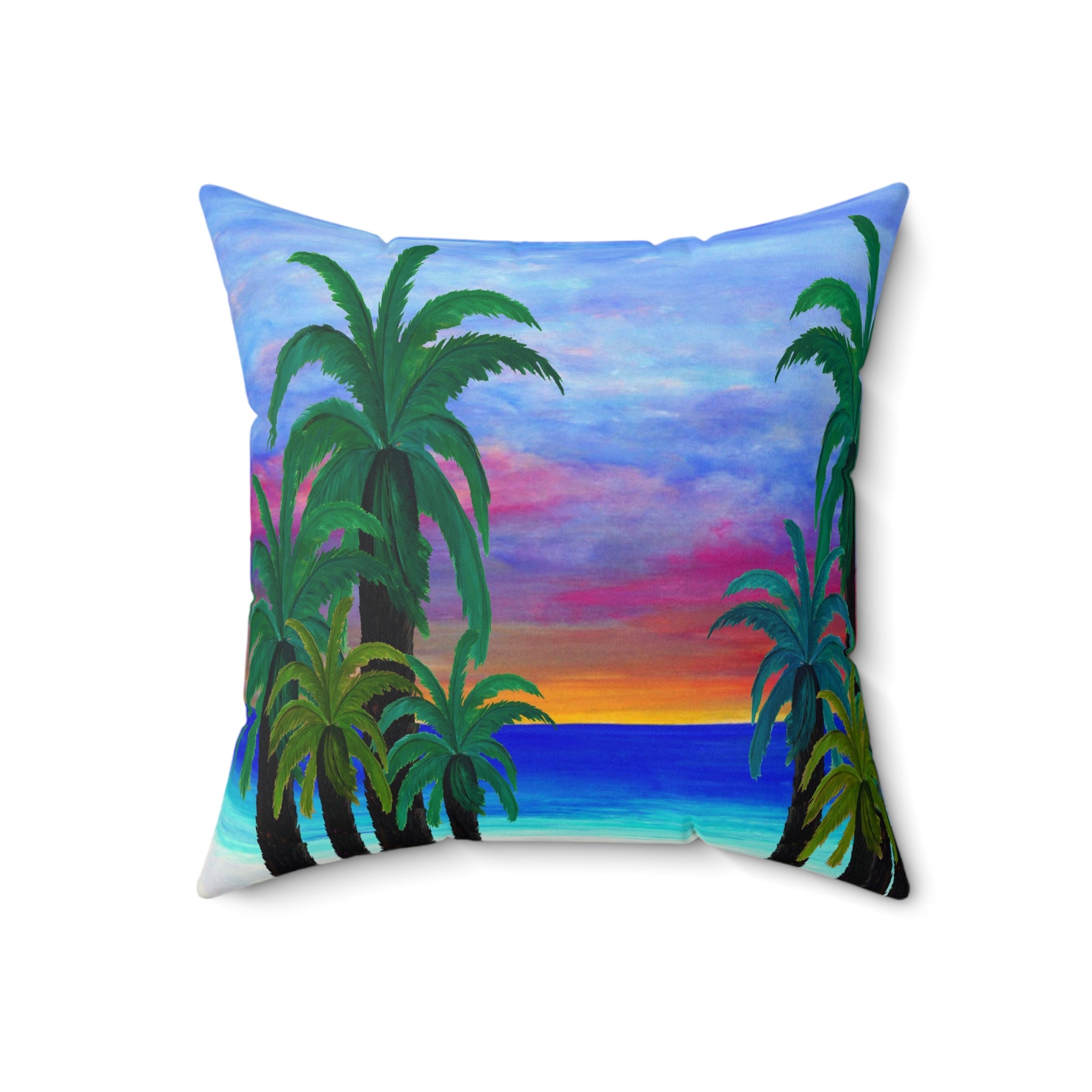 Tropical Sunset Palm Pillow — Beach Sunset Decorative Throw Pillow