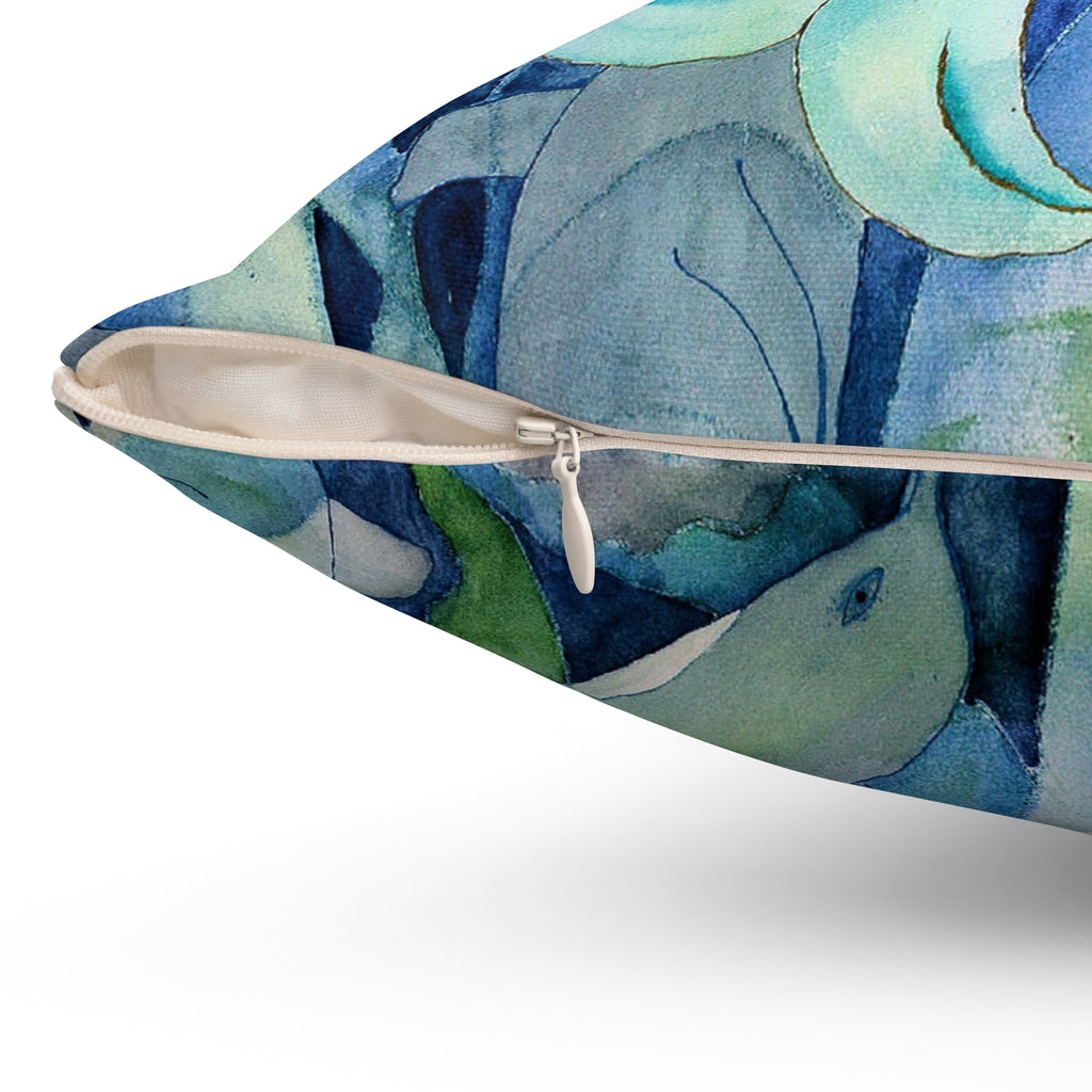 Mermaid & Dolphins Blue Watercolor Throw Pillow