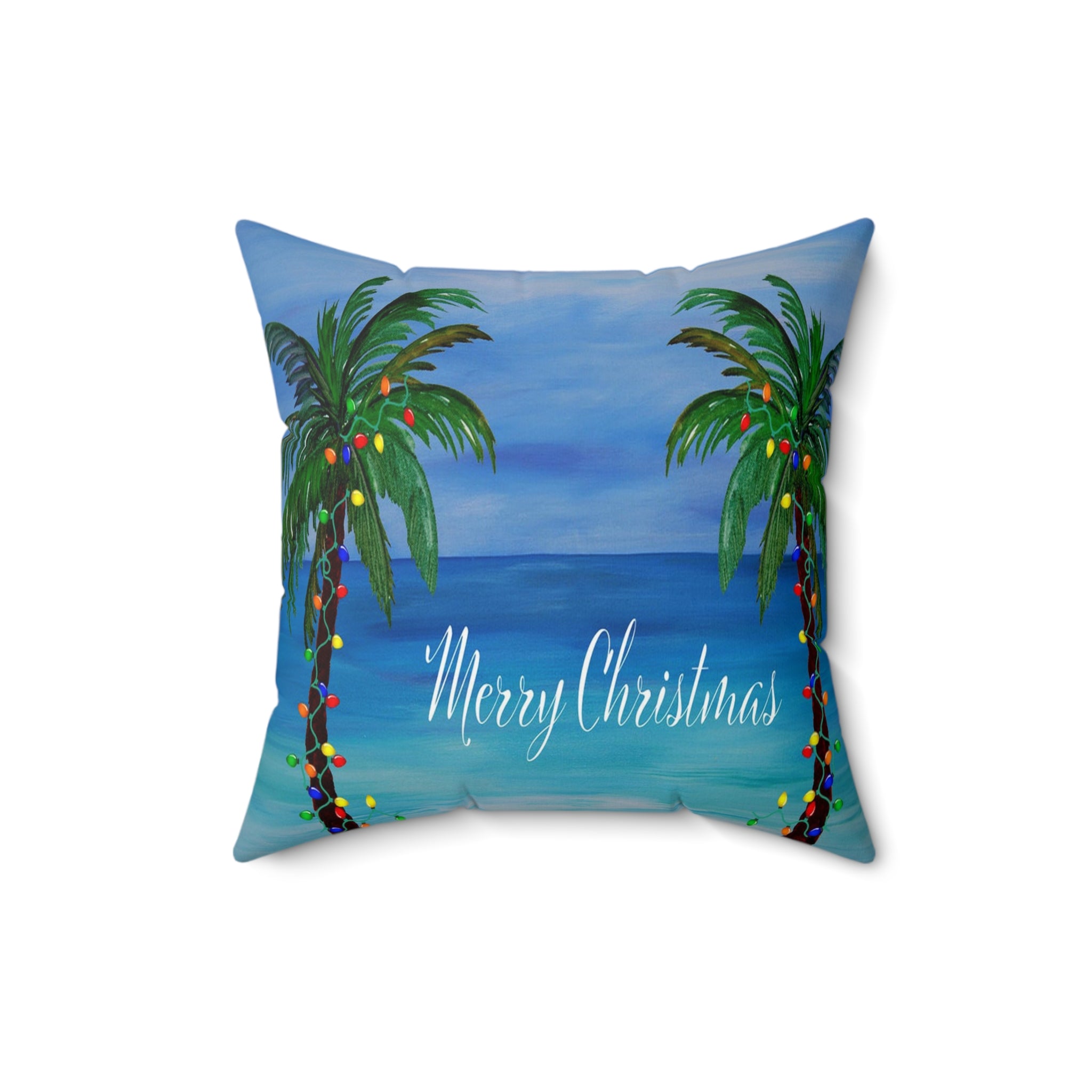 Merry Christmas Tropical Pillow — Palm Trees & Beach Holiday Throw Pillow