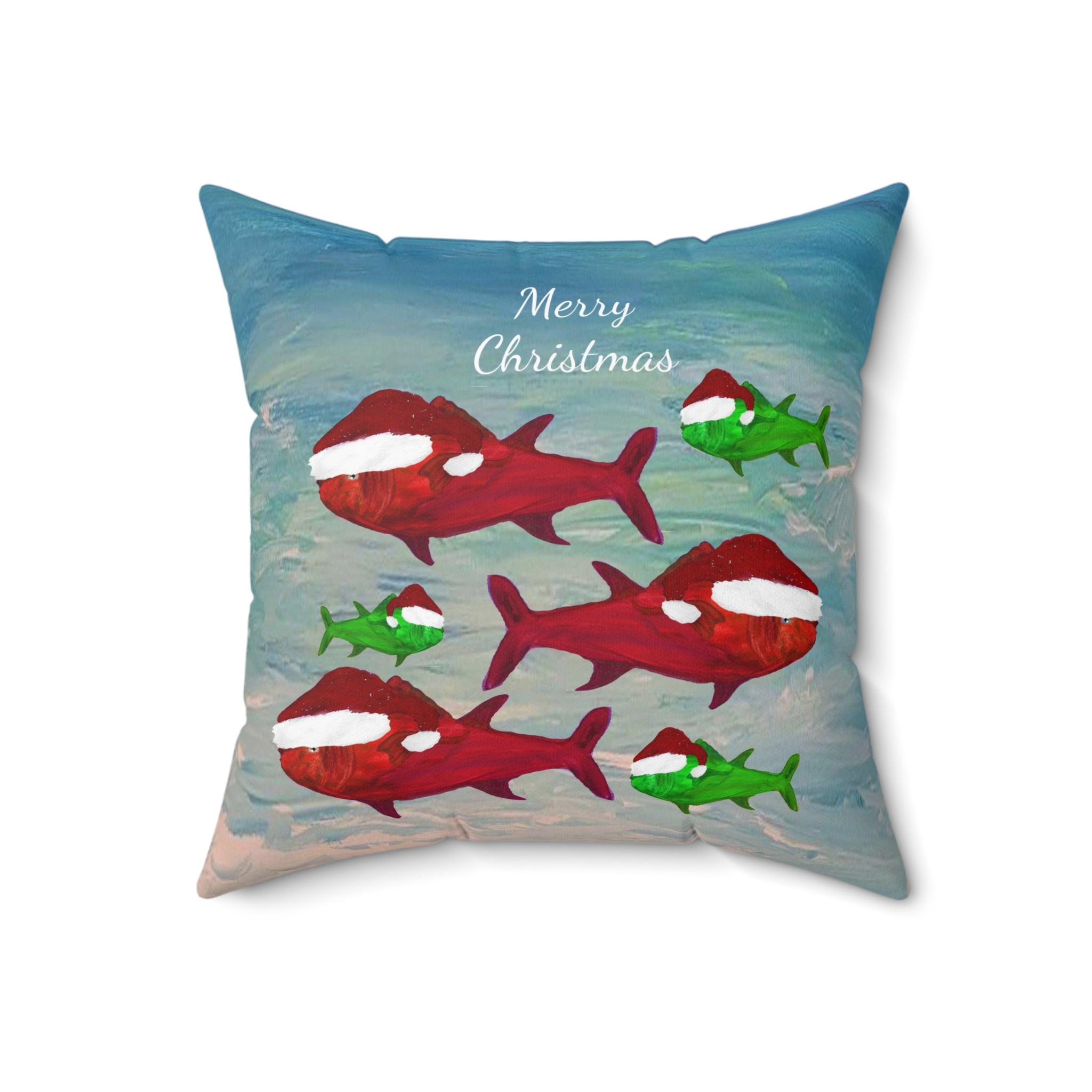 Christmas Fish Throw Pillow — 'Merry Christmas' Nautical Holiday Decor