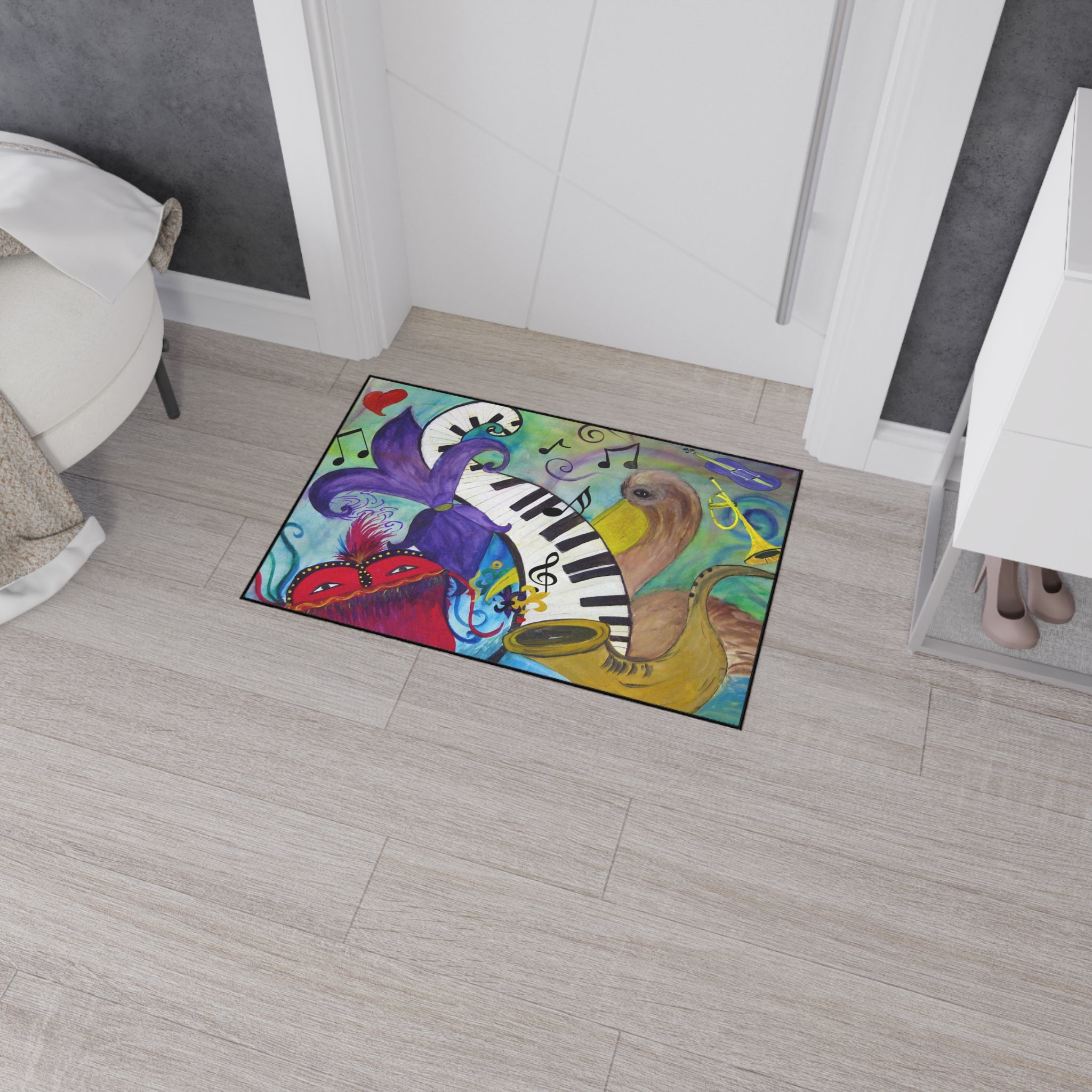 Mardi Gras Jazz Floor Mat — Colorful Musical Mask & Saxophone Doormat