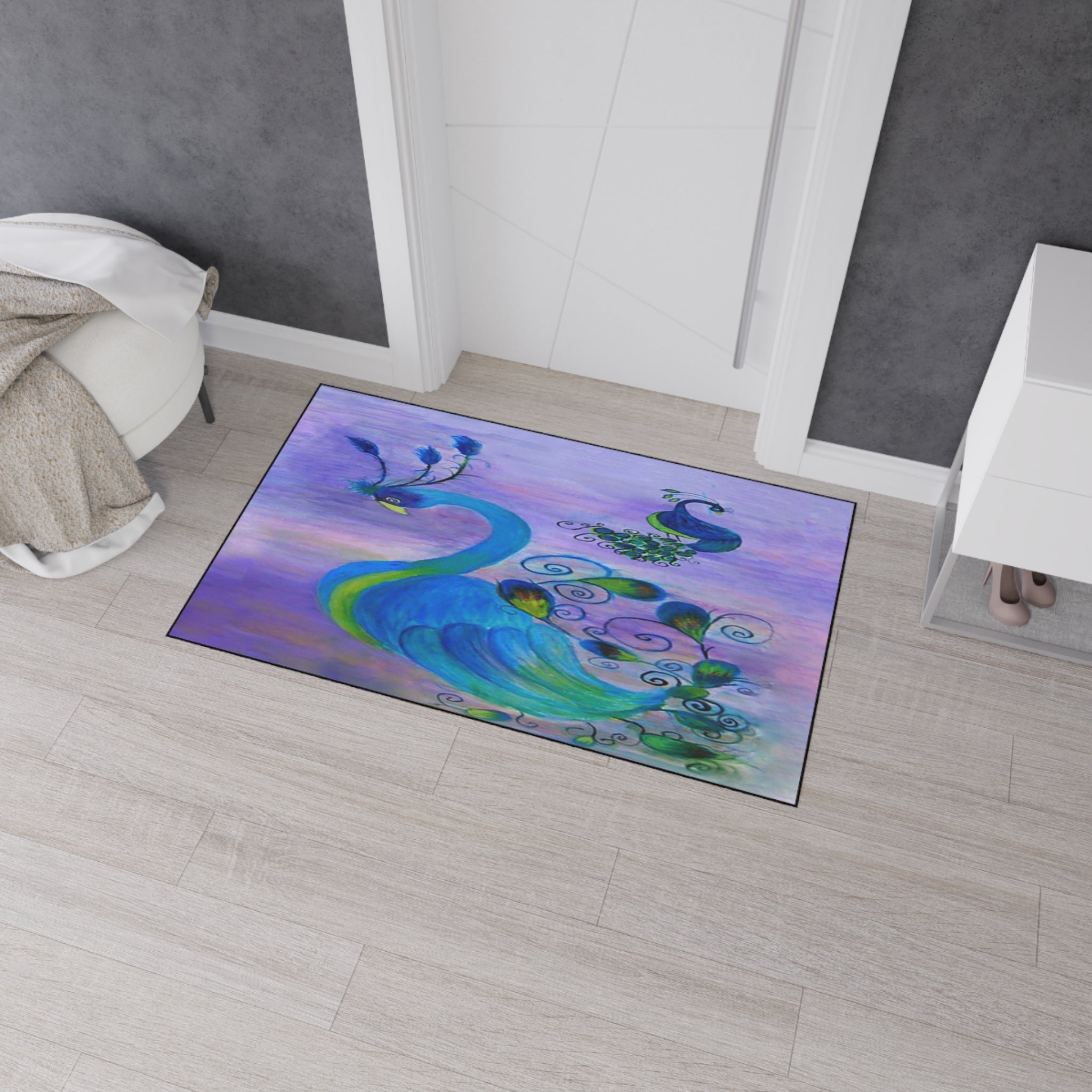 Peacock Art Heavy-Duty Floor Mat — Watercolor Blue & Purple Entry Rug