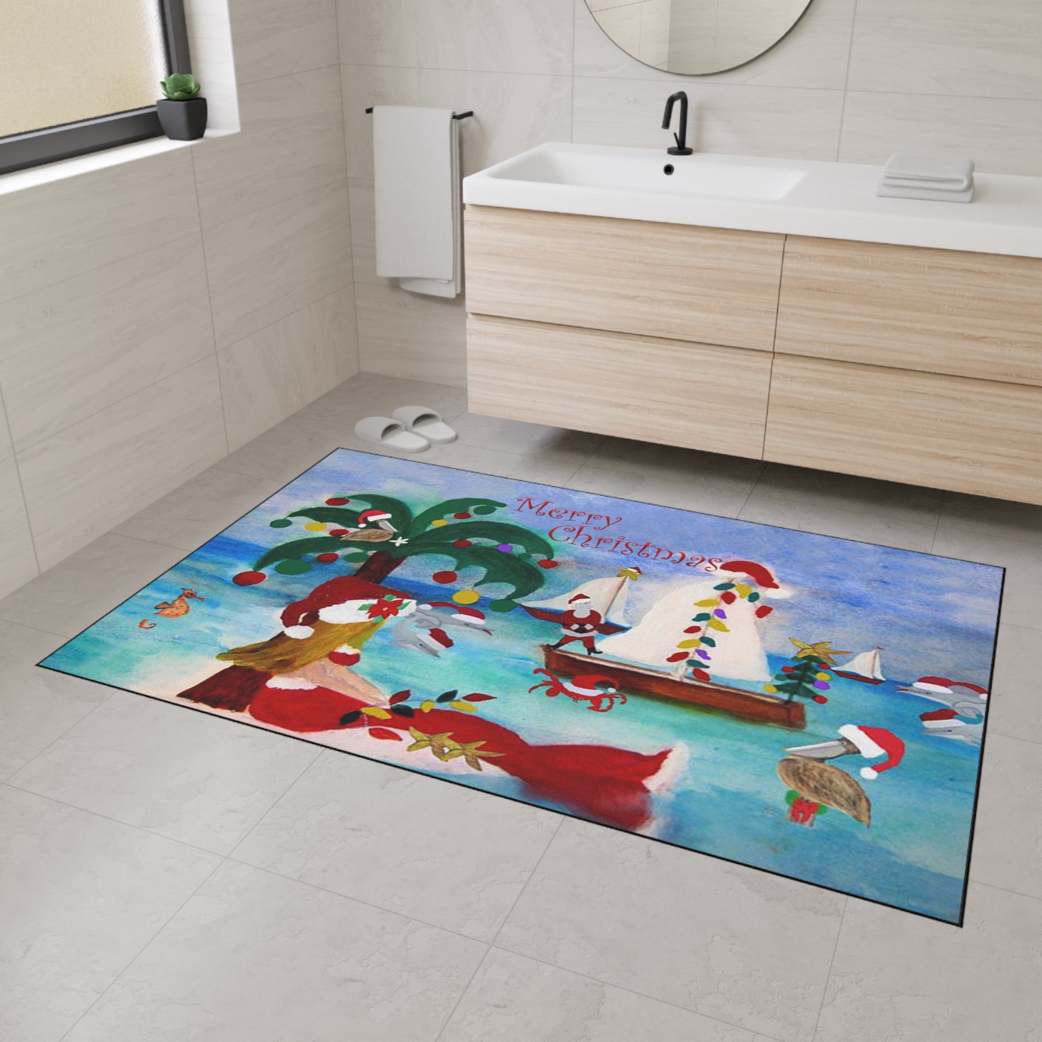 Christmas Beach Mat — Merry Christmas Coastal Holiday Doormat