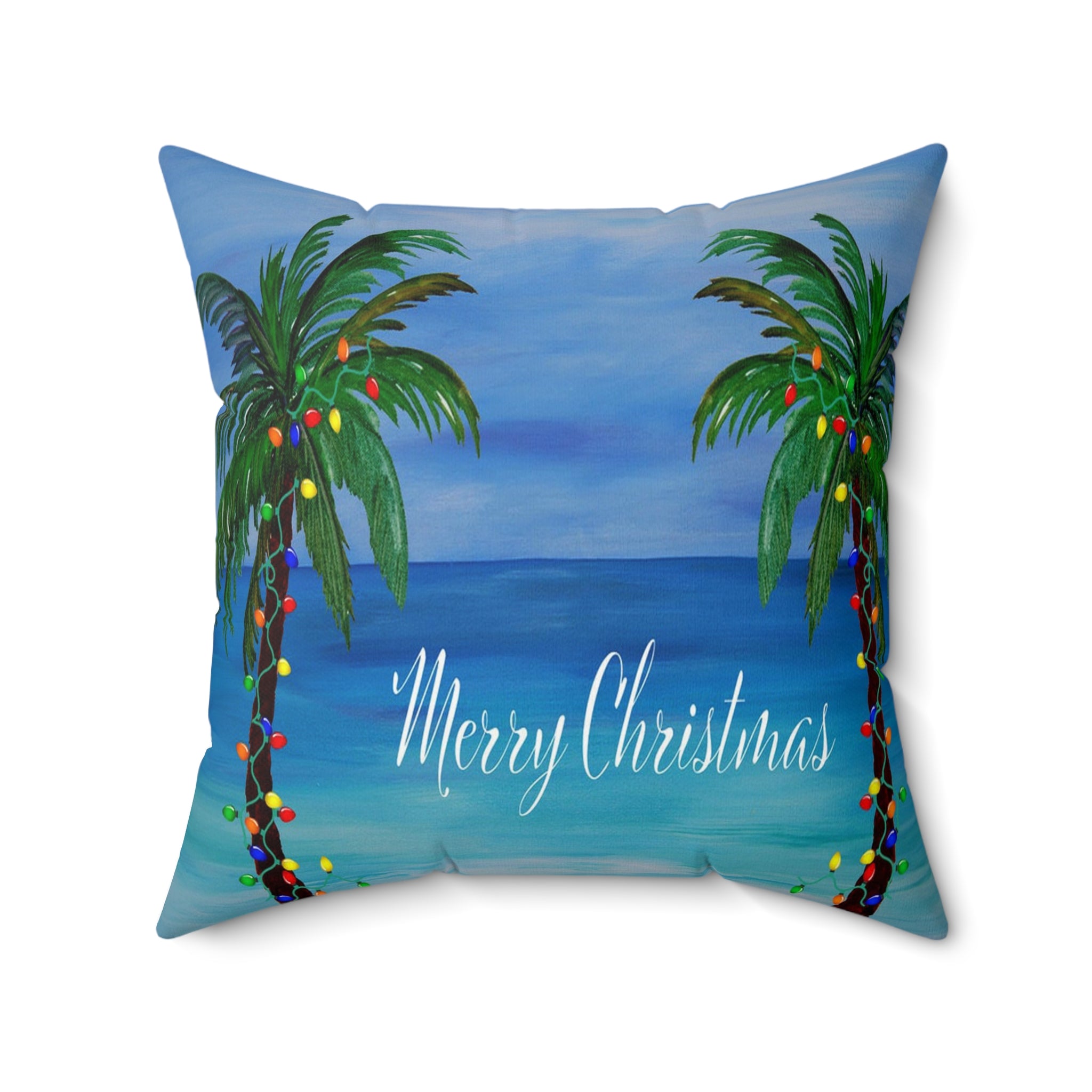 Merry Christmas Tropical Pillow — Palm Trees & Beach Holiday Throw Pillow