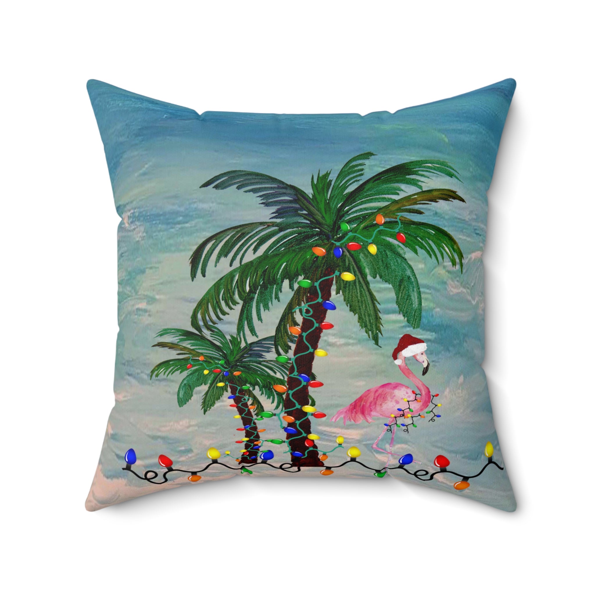 Tropical Christmas Palm Pillow — Flamingo with Holiday Lights