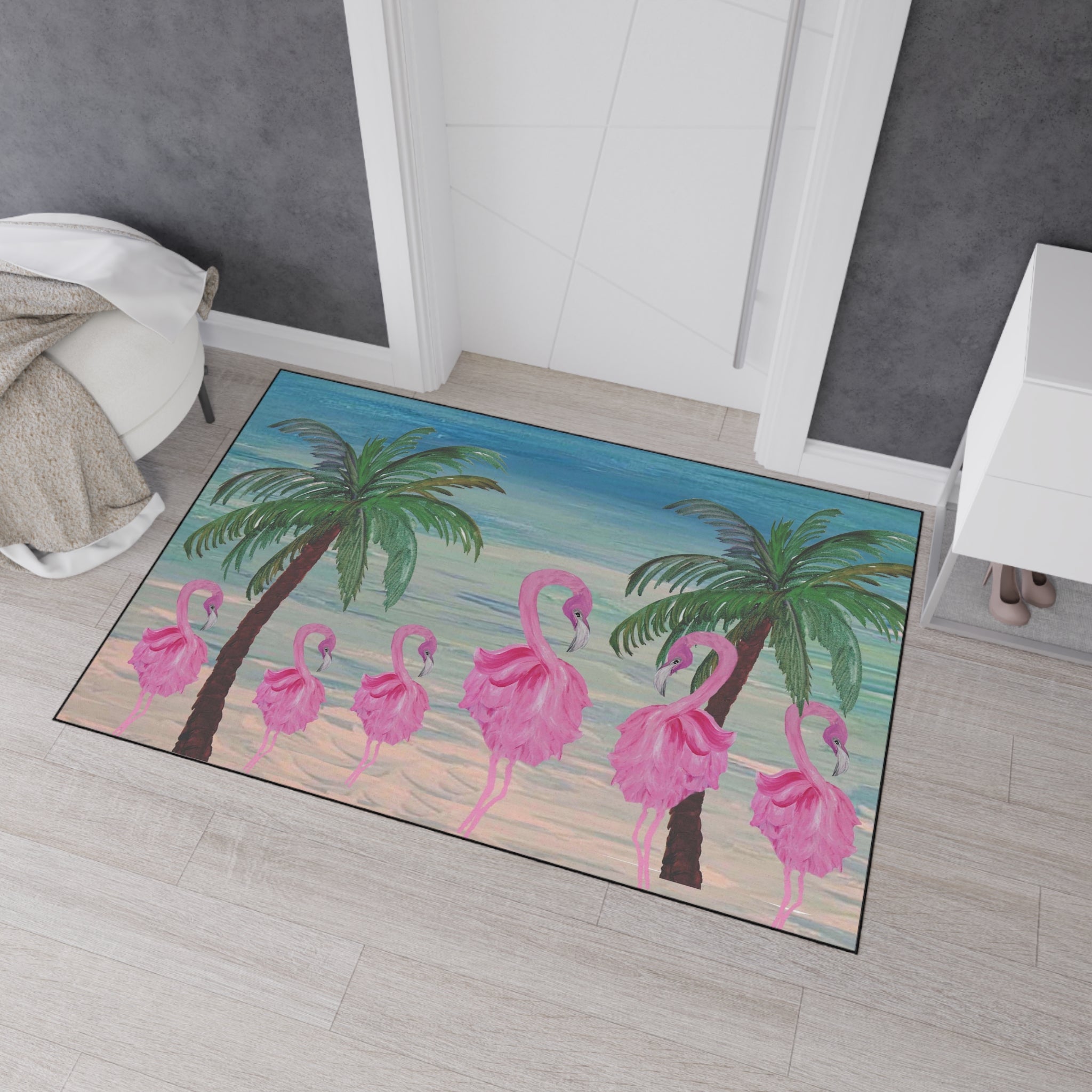 Flamingo Beach Heavy Duty Floor Mat — Tropical Palm Welcome Rug