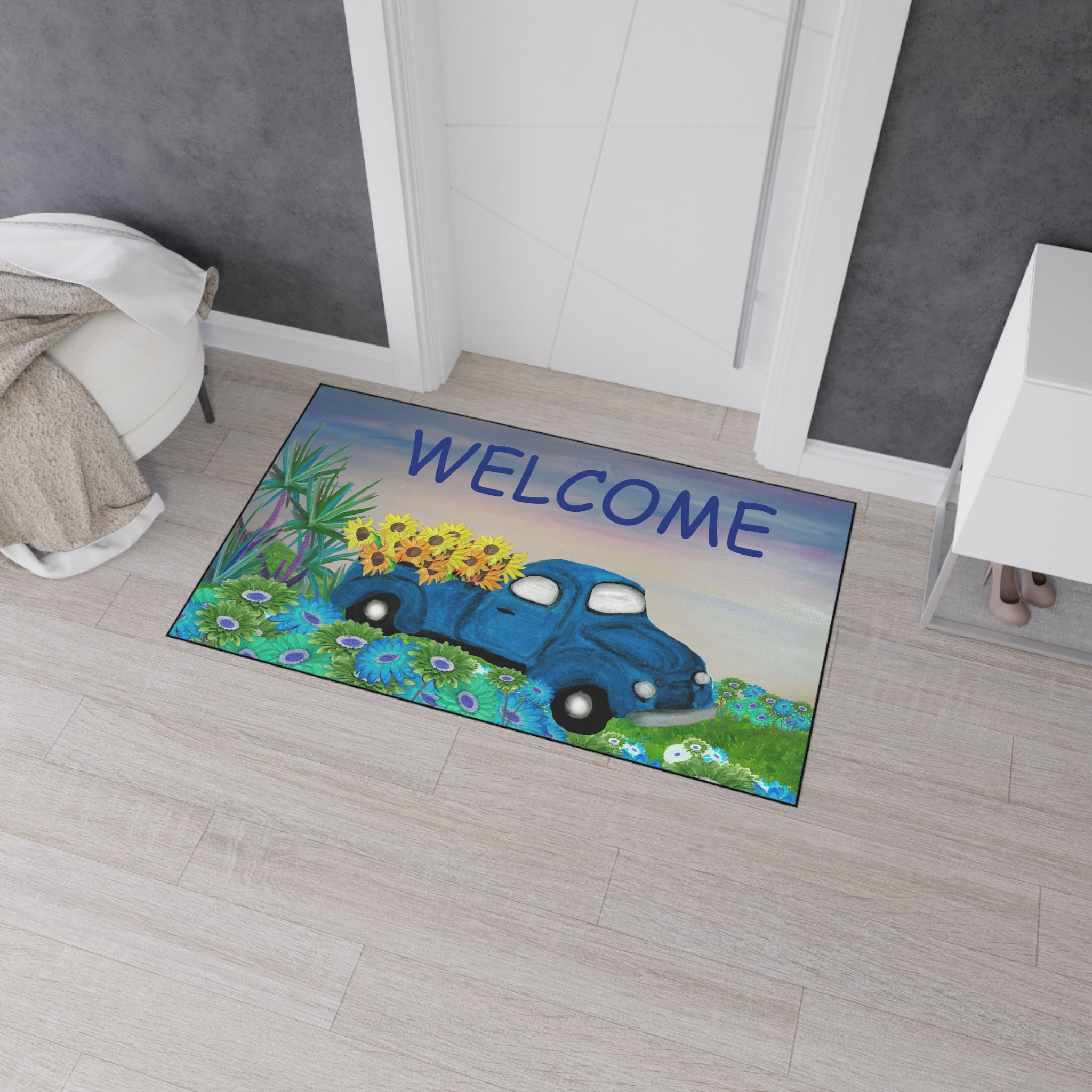 Welcome Blue Truck Doormat - Heavy Duty Floor Mat with Sunflowers