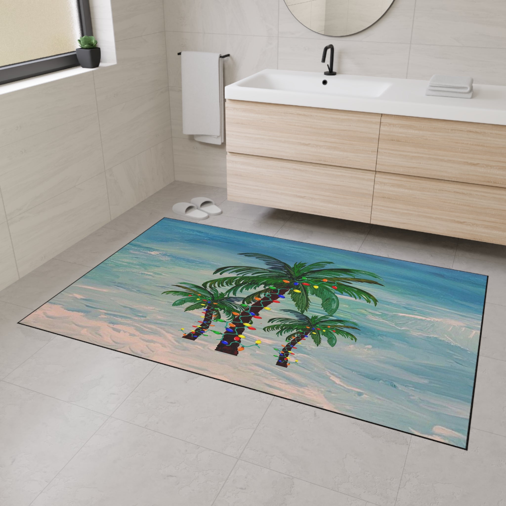 Tropical Palm Floor Mat — Palm Trees with String Lights Beach Doormat