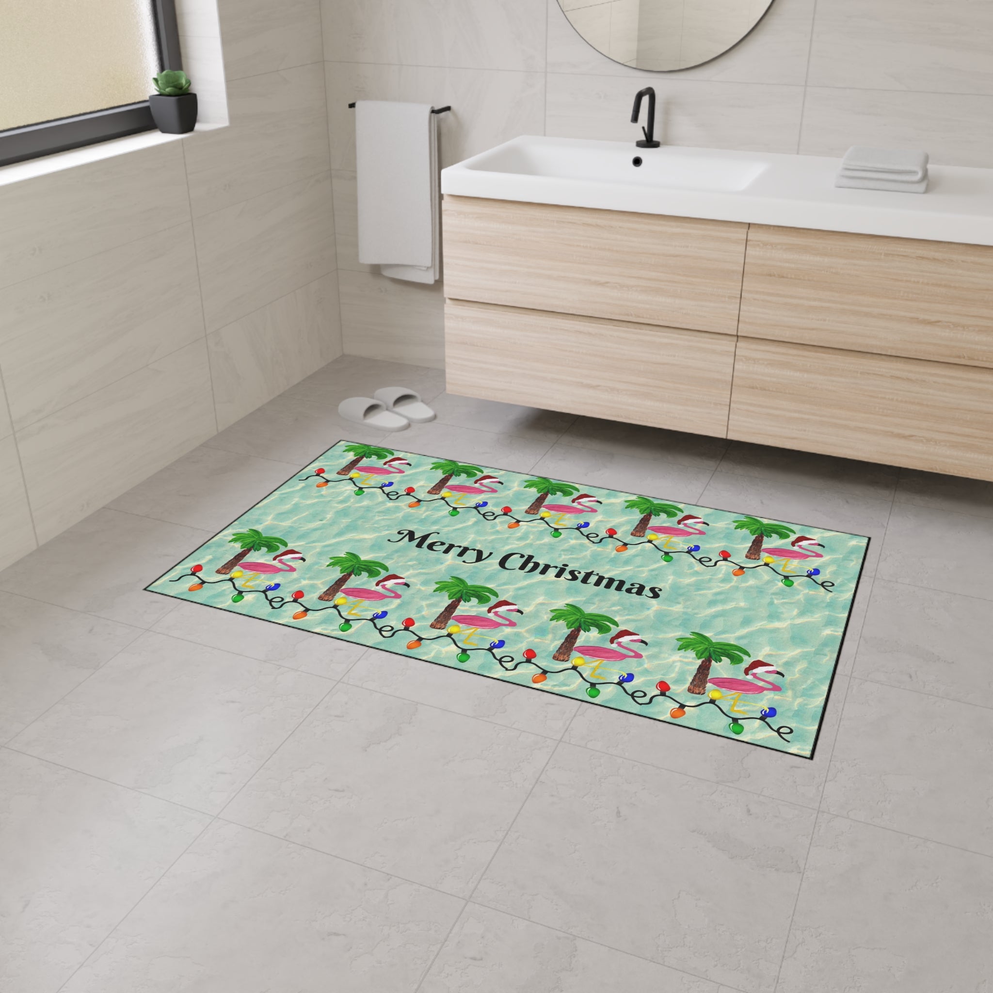 Tropical Flamingo Christmas Floor Mat — Merry Christmas Poolside Doormat