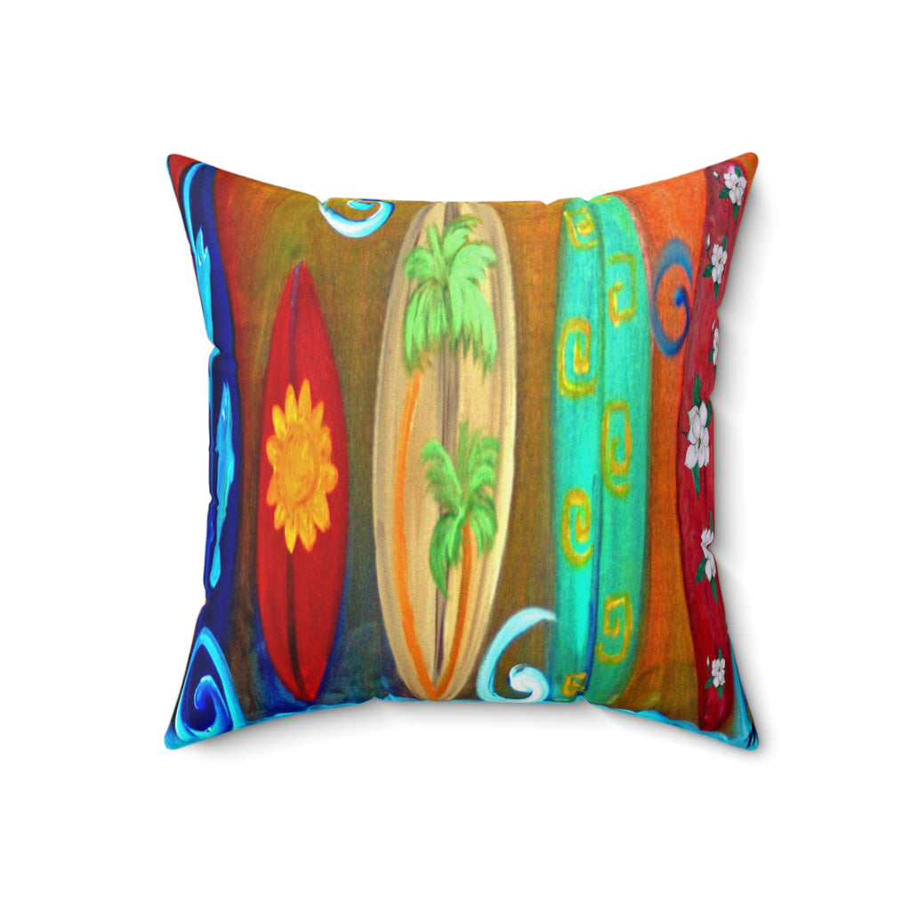 Surfboard Art Decorative Pillow — Colorful Tropical Beach Throw Pillow