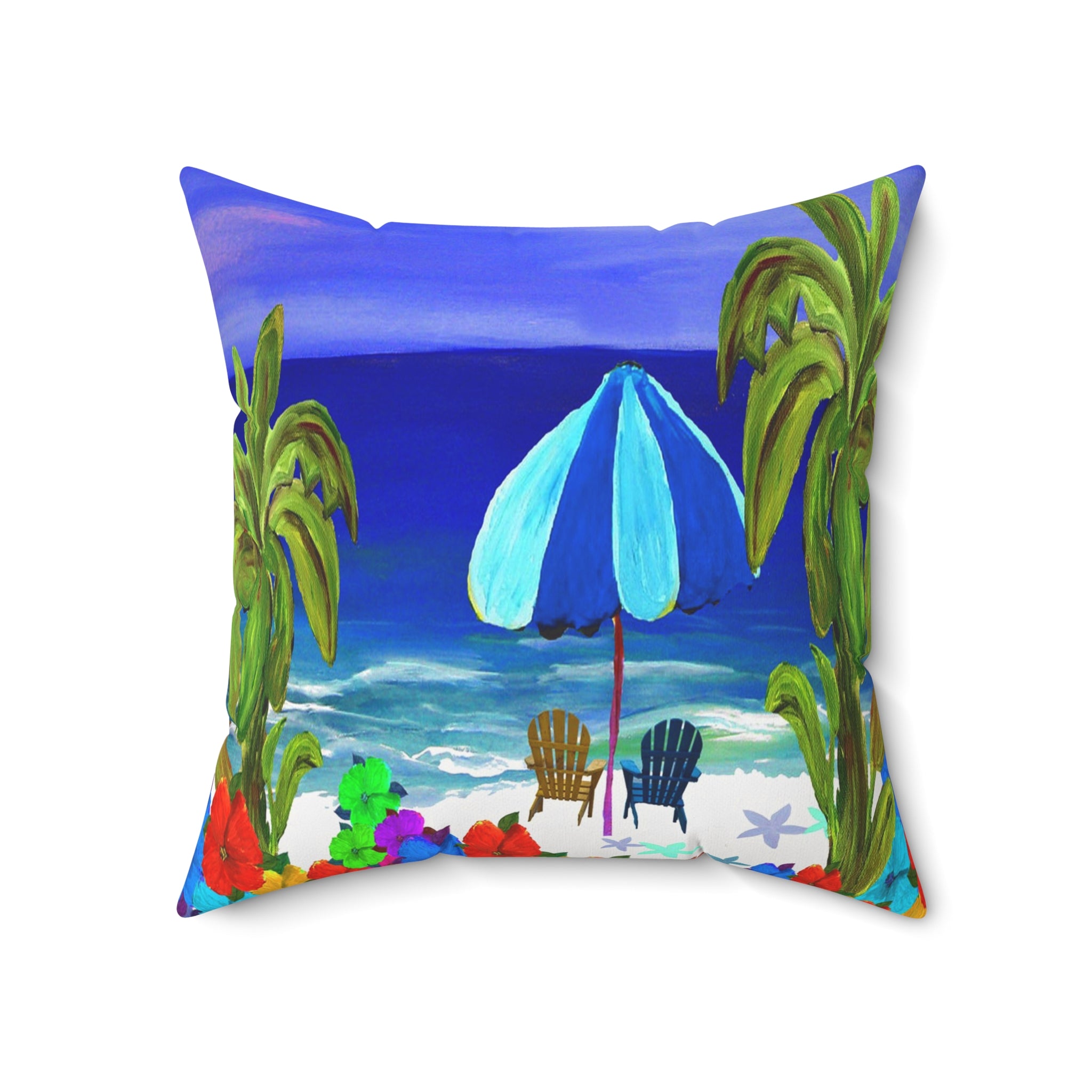 Beach Scene Throw Pillow — Tropical Umbrella & Palm Trees Decorative Pillow