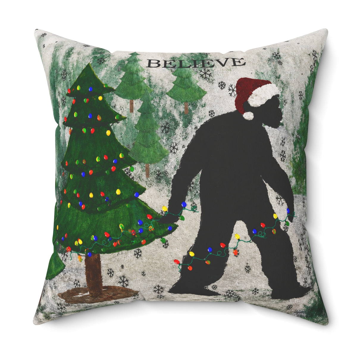 Christmas Bigfoot Pillow — 'Believe' Holiday Decorative Throw Pillow