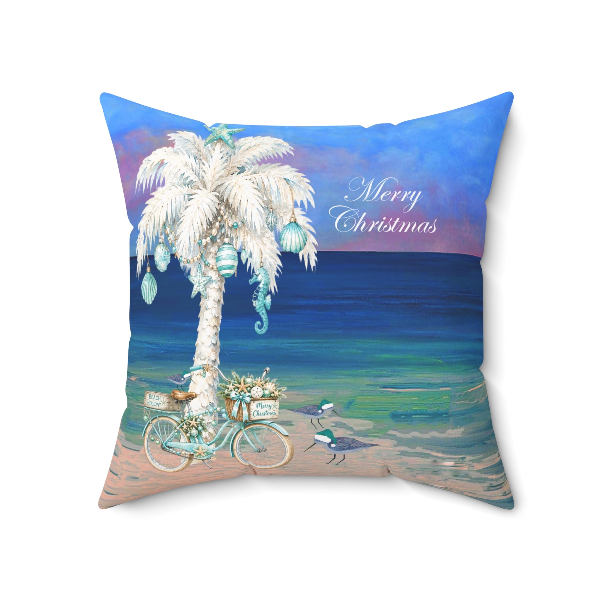 Coastal Christmas Pillow — Beach Palm Tree "Merry Christmas" Throw Pillow