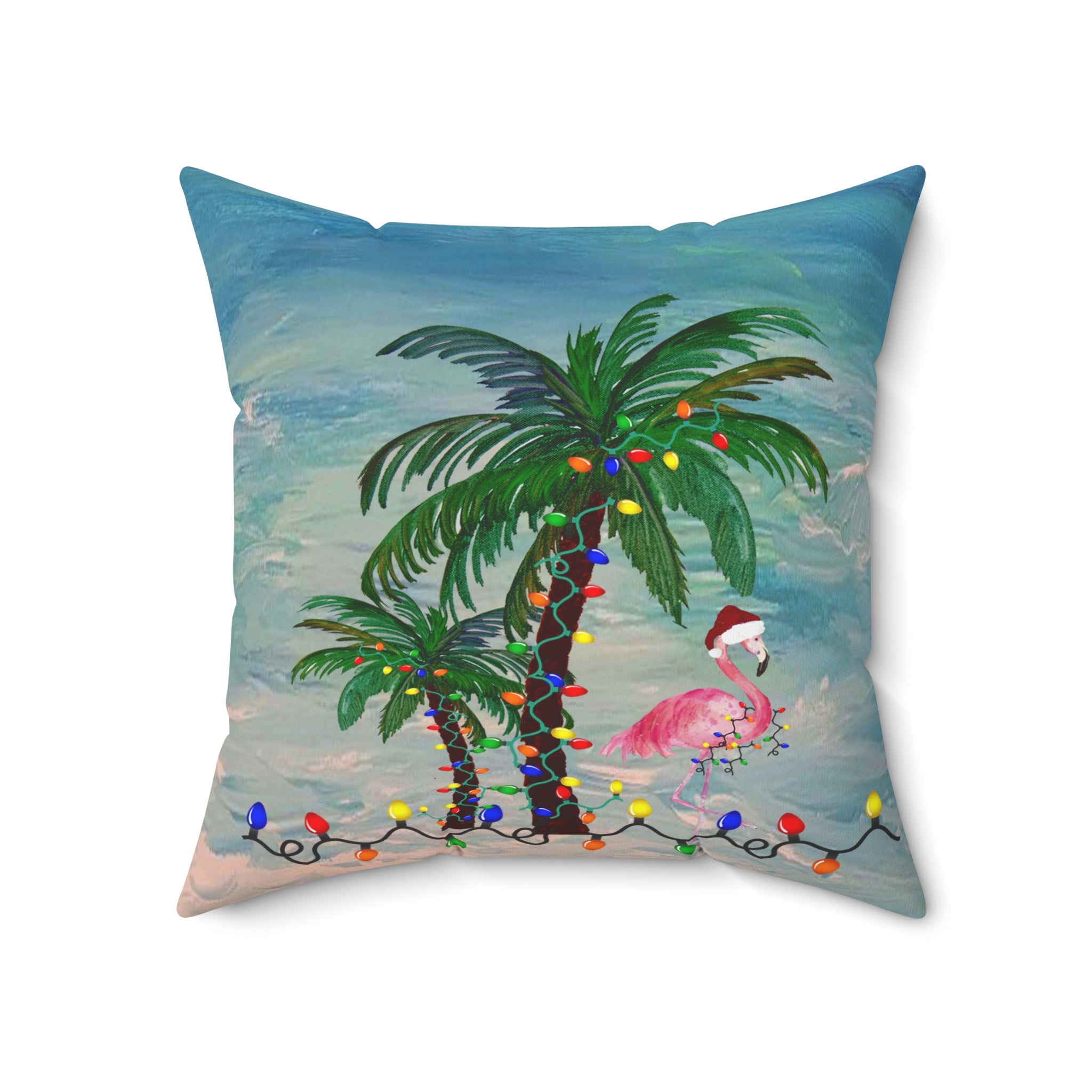 Tropical Christmas Palm Pillow — Flamingo with Holiday Lights