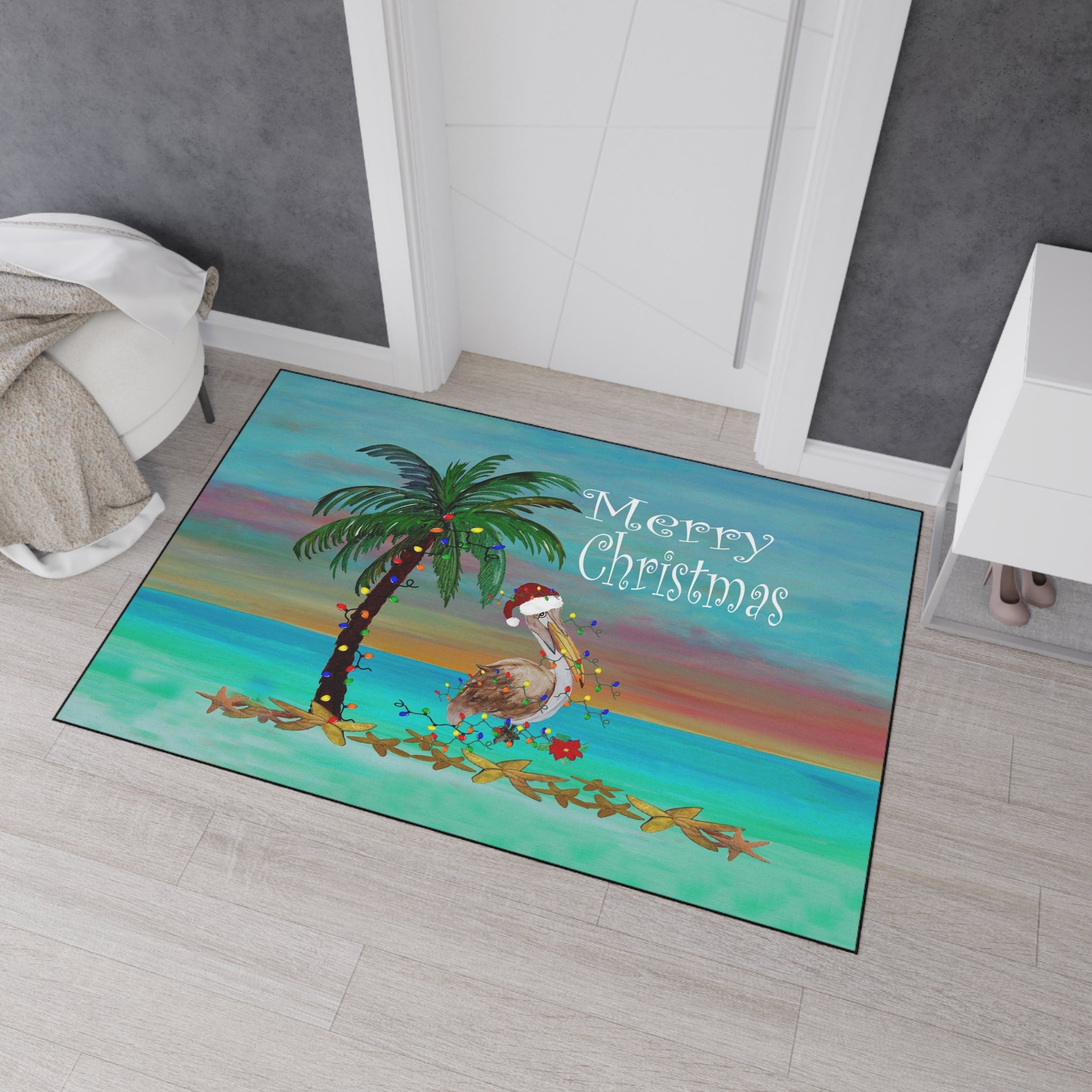 Christmas Beach Floor Mat — 'Merry Christmas' Pelican & Palm Holiday Doormat