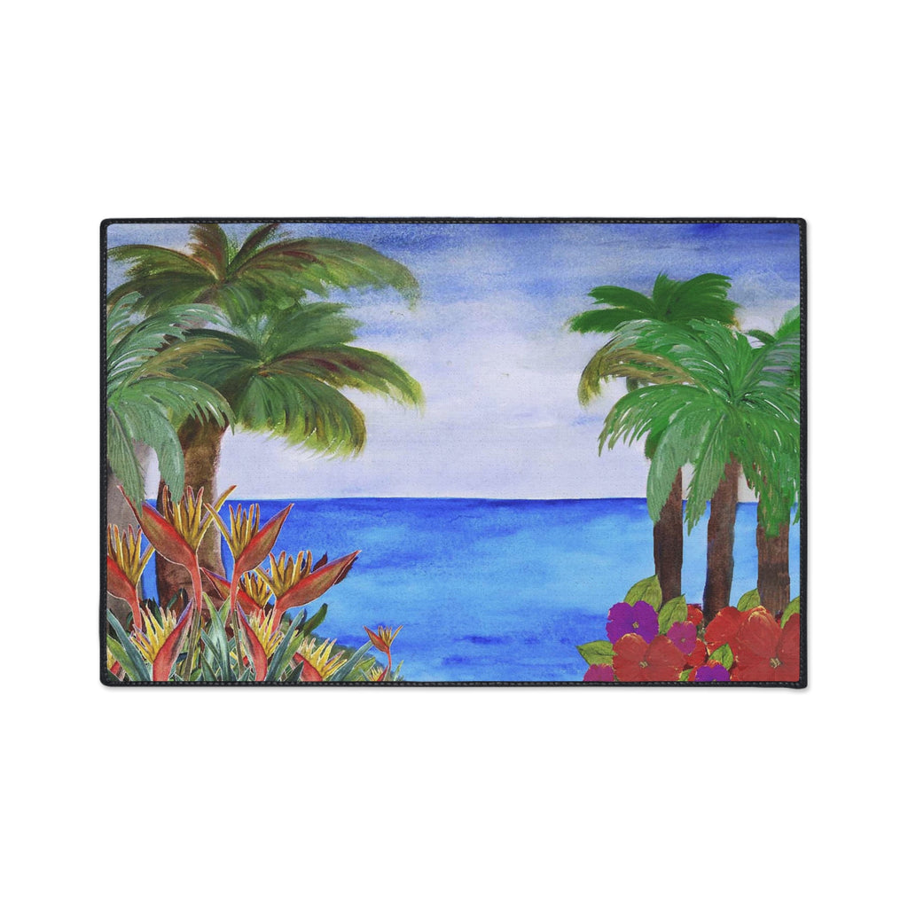Tropical Beach Floor Mat – Palm Trees & Ocean Welcome Rug