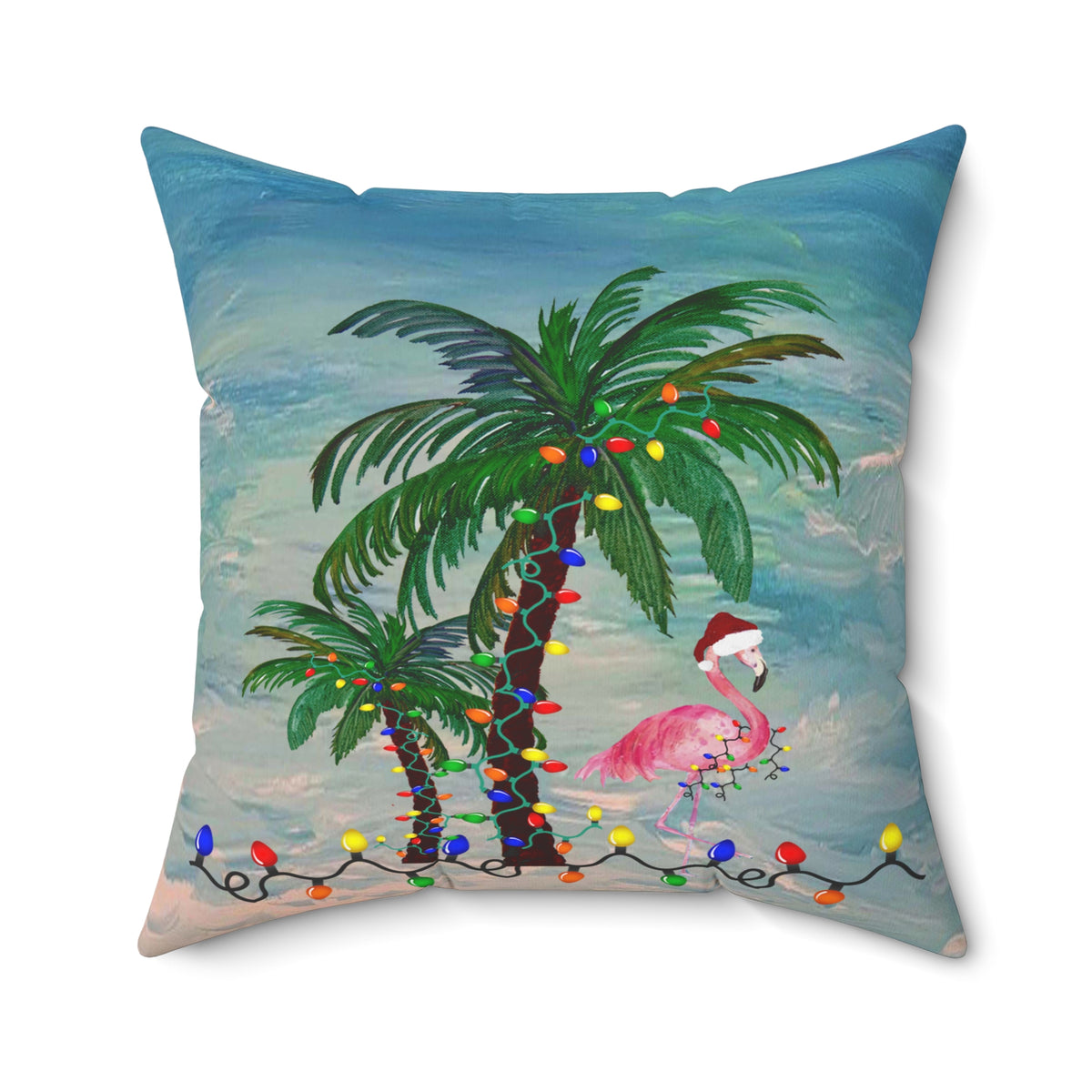 Tropical Christmas Palm Pillow — Flamingo with Holiday Lights