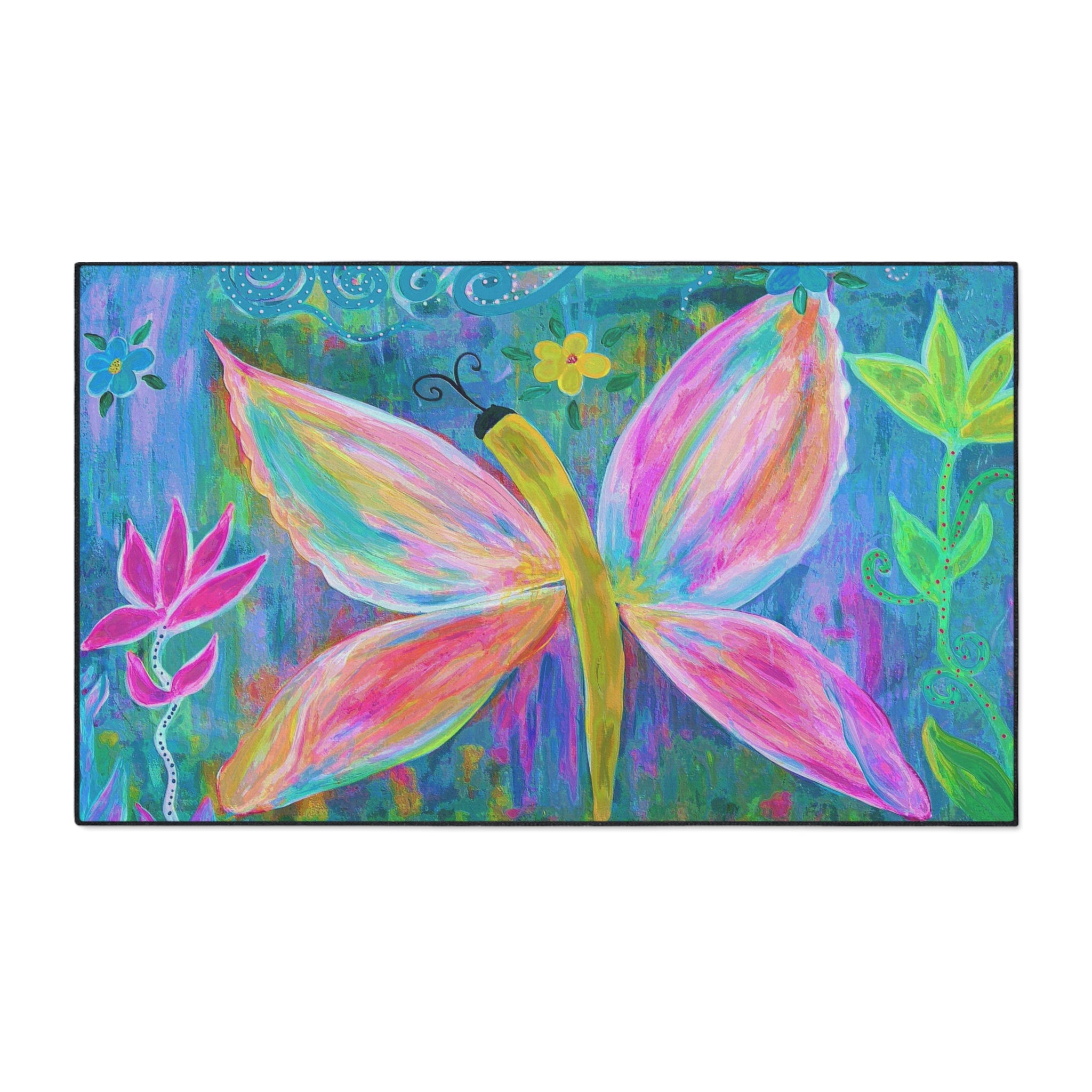 Pink Butterfly Floral Floor Mat — Colorful Garden Doormat