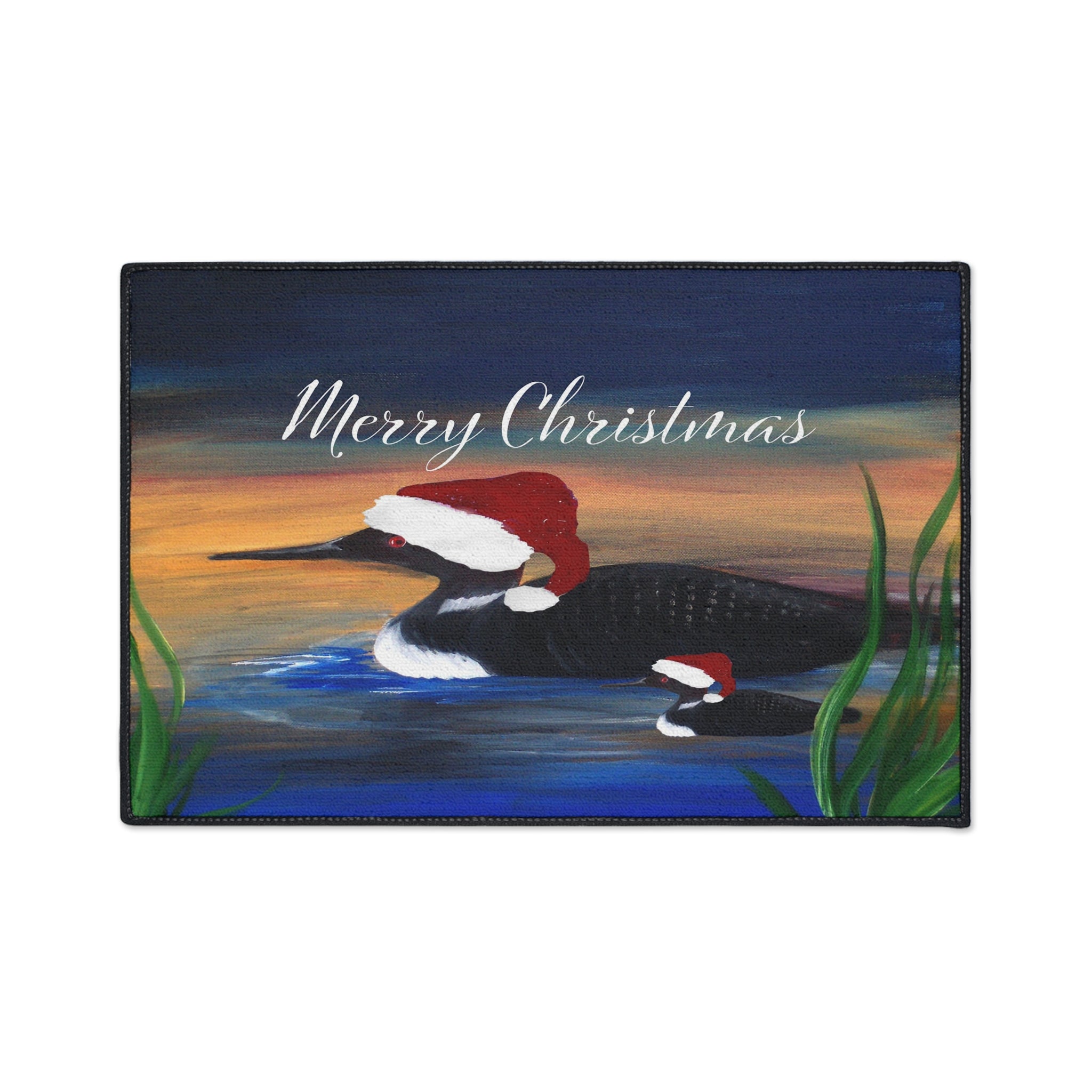 Christmas Loon Rug Doormat - "Merry Christmas" Holiday Waterfowl Floor Mat