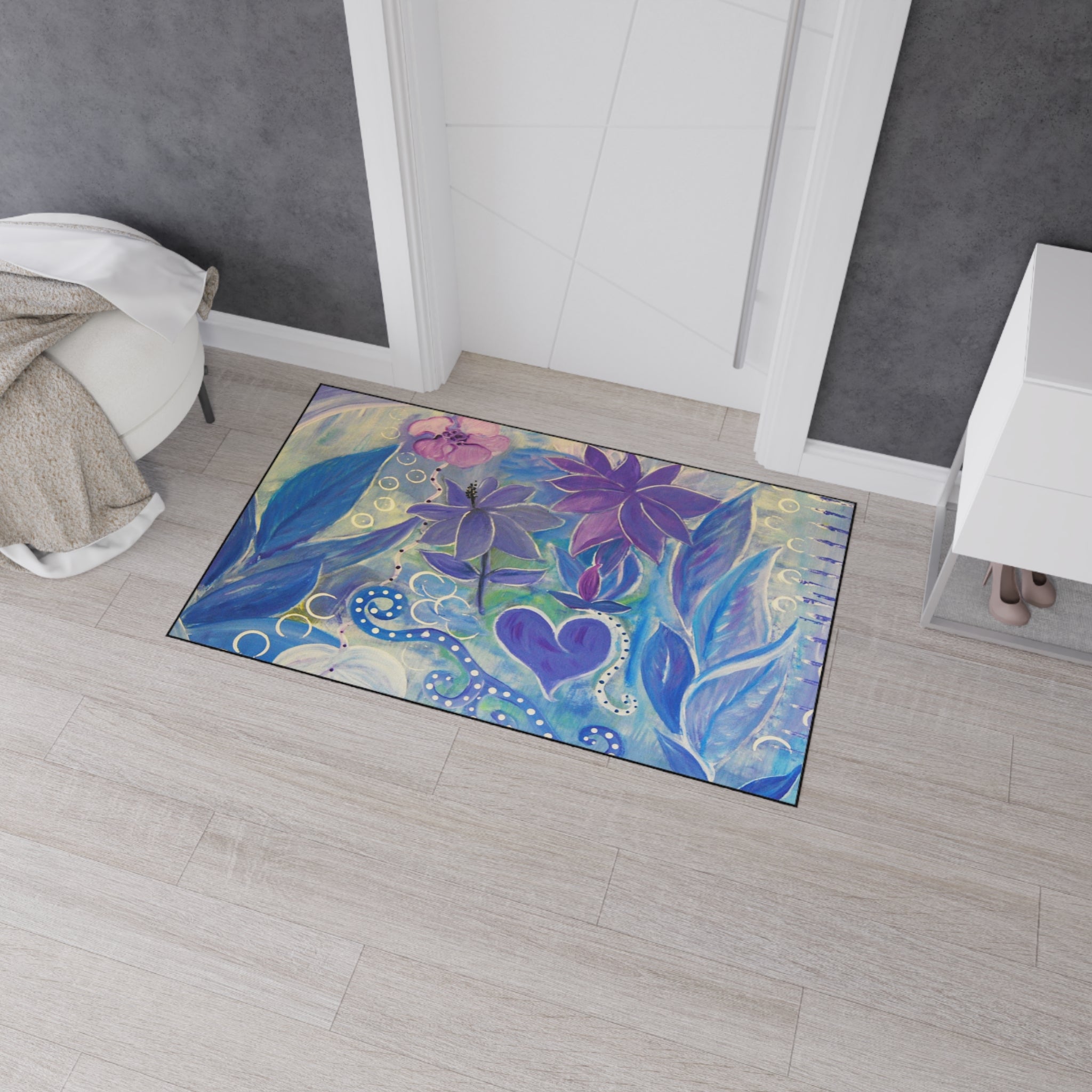 Floral Heart Heavy-Duty Floor Mat — Purple Blue Garden Door Mat