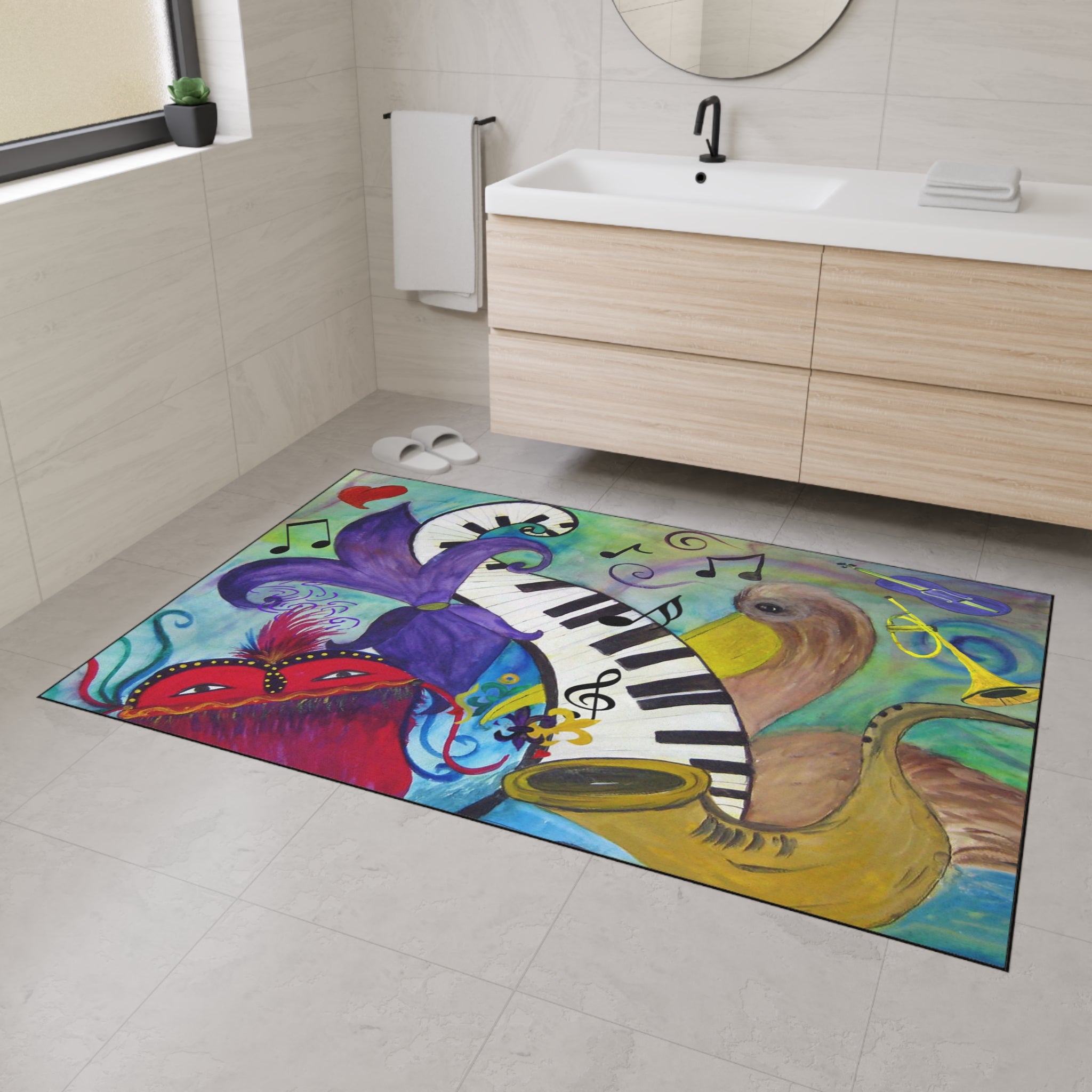 Mardi Gras Jazz Floor Mat — Colorful Musical Mask & Saxophone Doormat