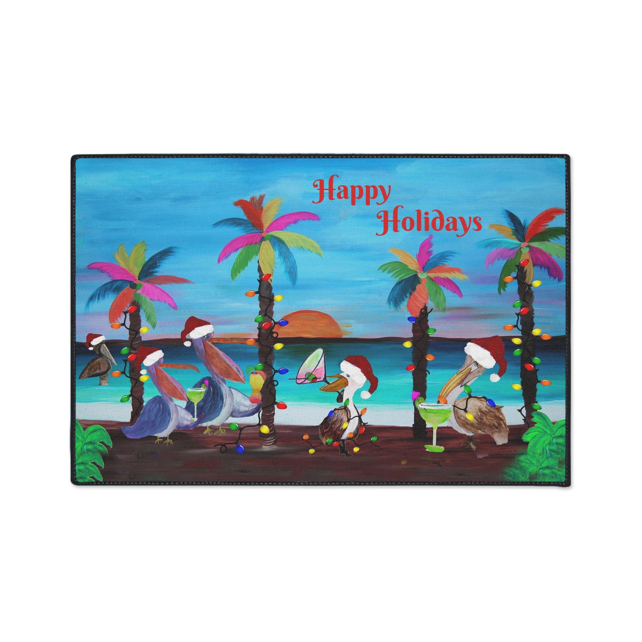 Christmas Pelican Party Cocktails Beach Mat — "Merry Christmas" Holiday Doormat