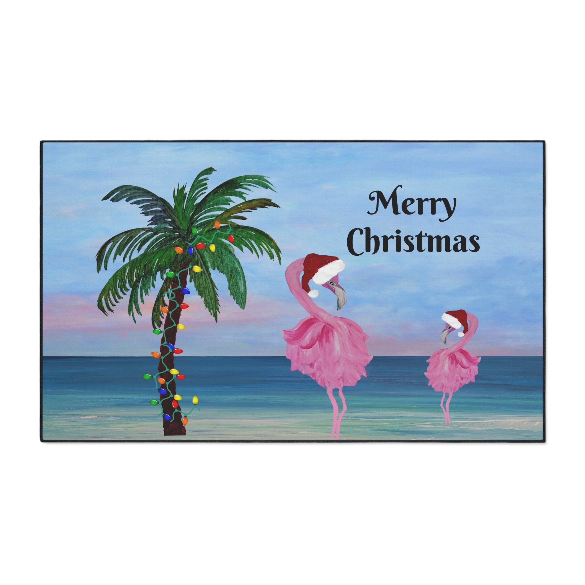 Christmas Beach Floor Mat — "Merry Christmas" Palm & Flamingo Holiday Doormat
