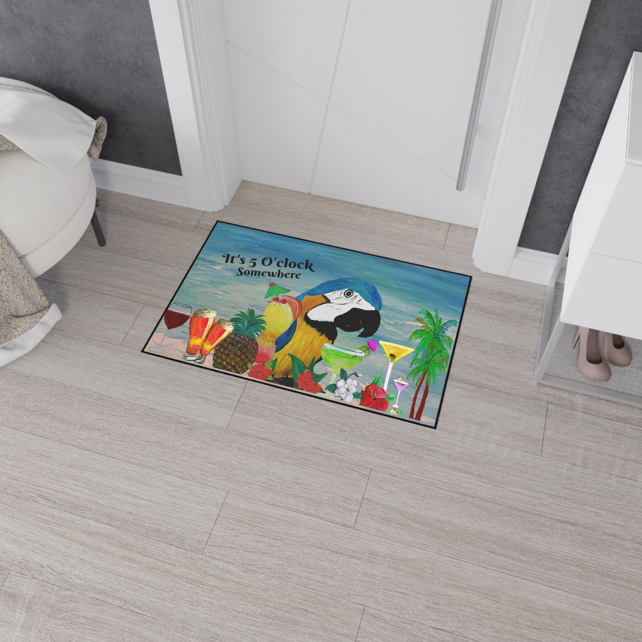 Parrot Bar Heavy Duty Floor Mat — "It's 5 O'Clock Somewhere" Tropical Parrot Drink Mat