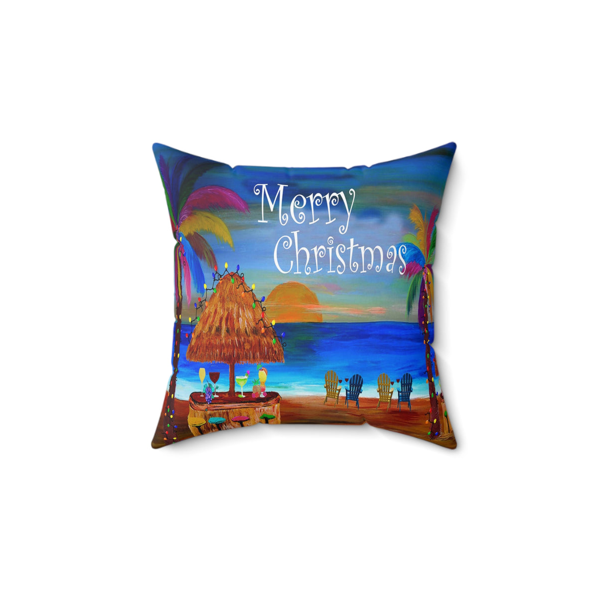Tropical "Merry Christmas" Beach Pillow — Holiday Luau Decorative Throw Pillow